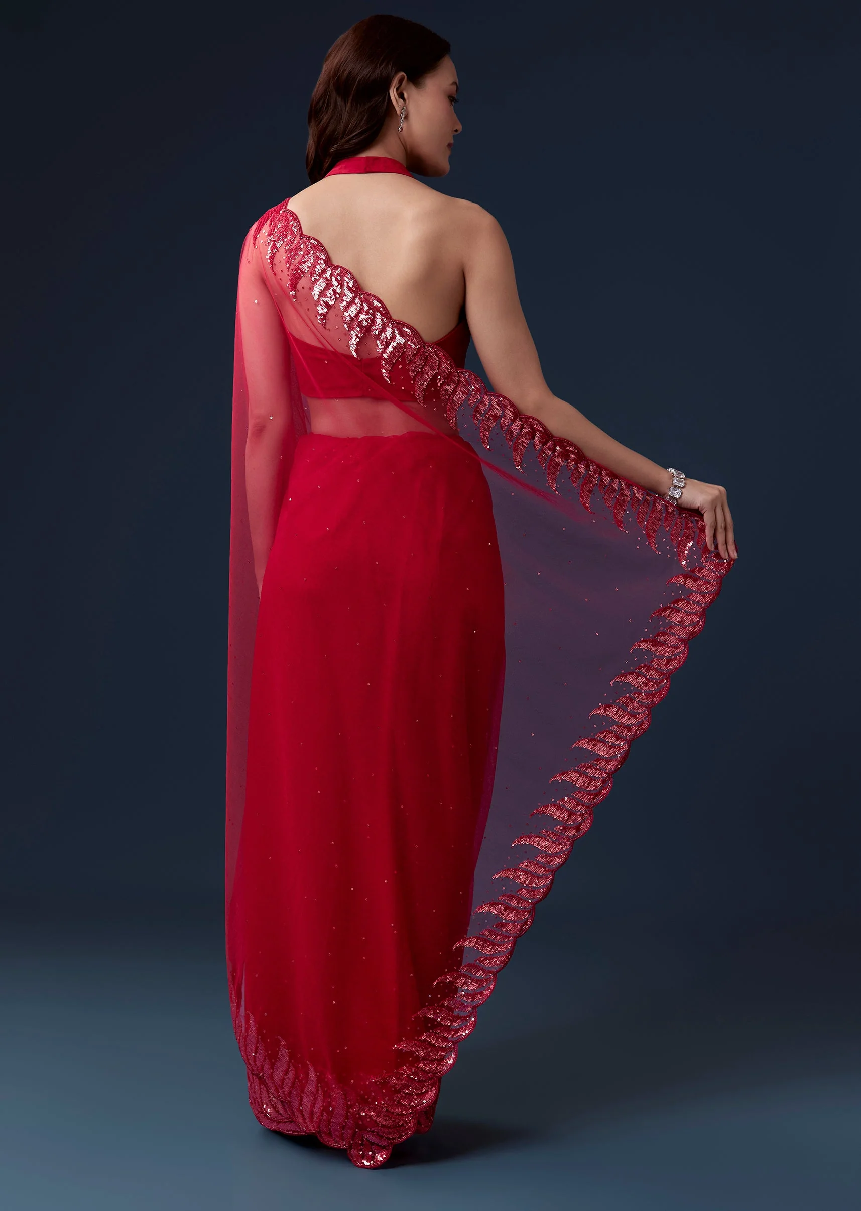 Red Net Saree With Beads And Sequin Embroidery - Image 4