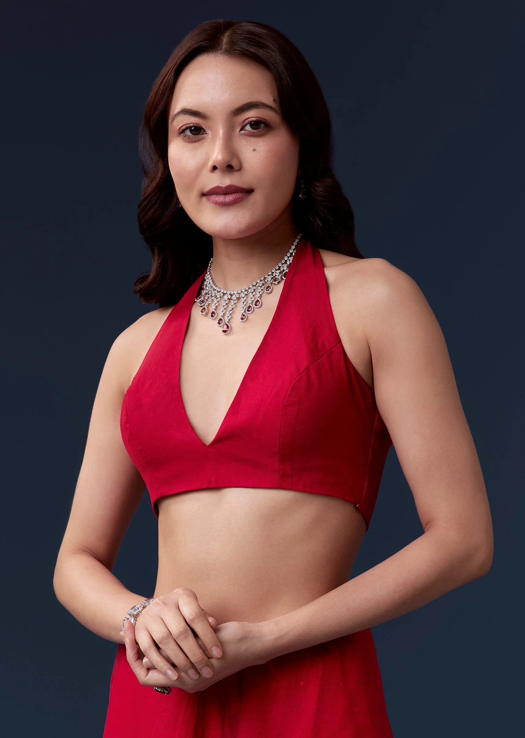 Red Net Saree With Beads And Sequin Embroidery - Image 7