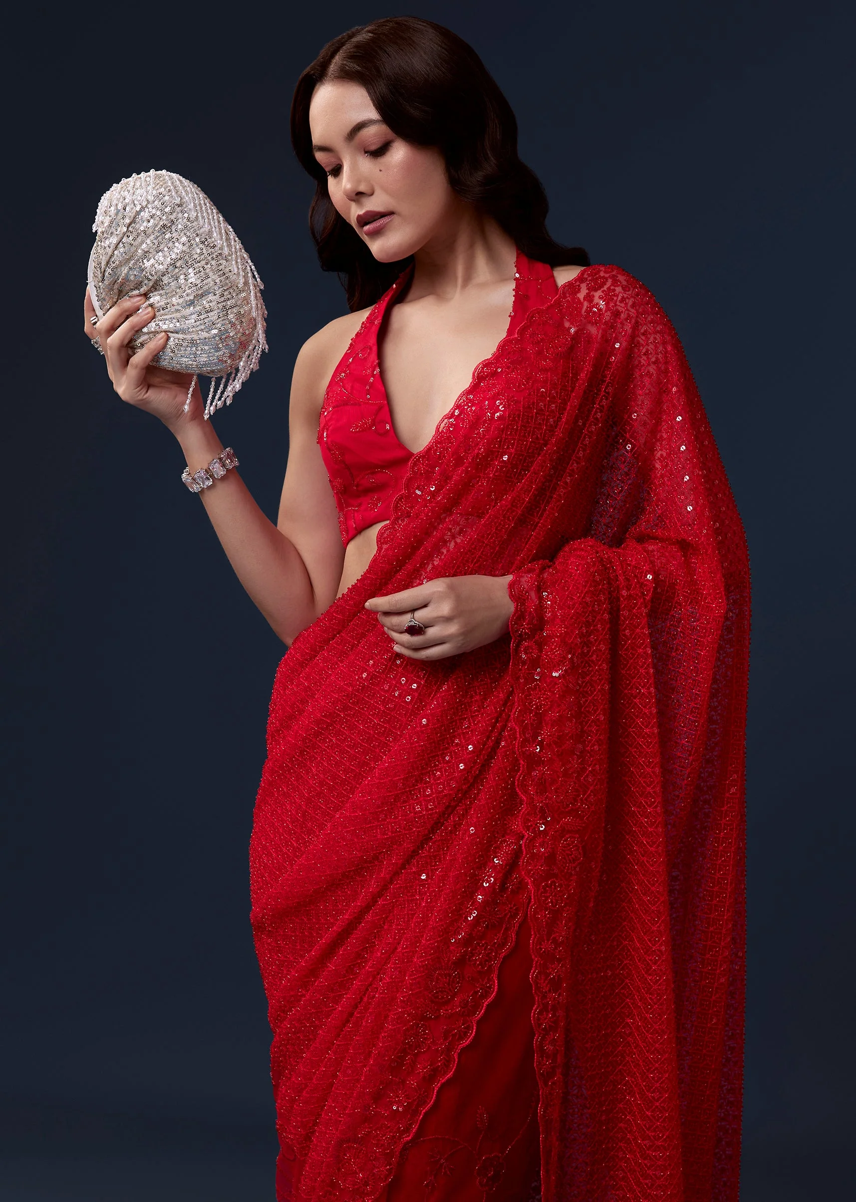 Red Net Saree With Cutdana Beads And Sequin Embroidery
