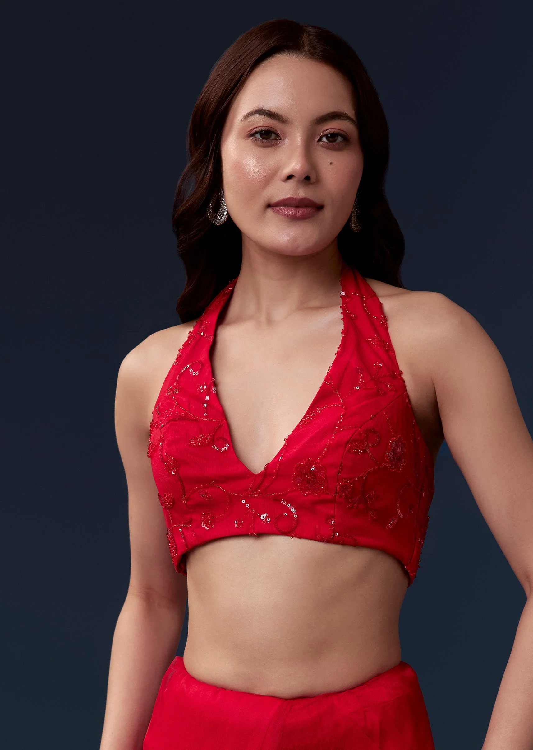 Red Net Saree With Cutdana Beads And Sequin Embroidery - Image 7