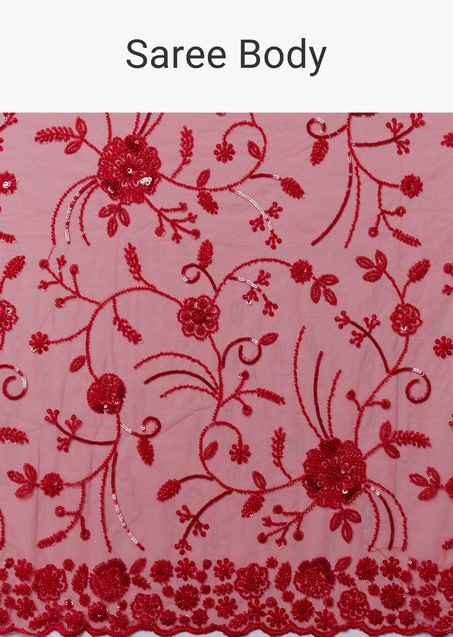 Red Net Saree With Cutdana Beads And Sequin Embroidery - Image 9