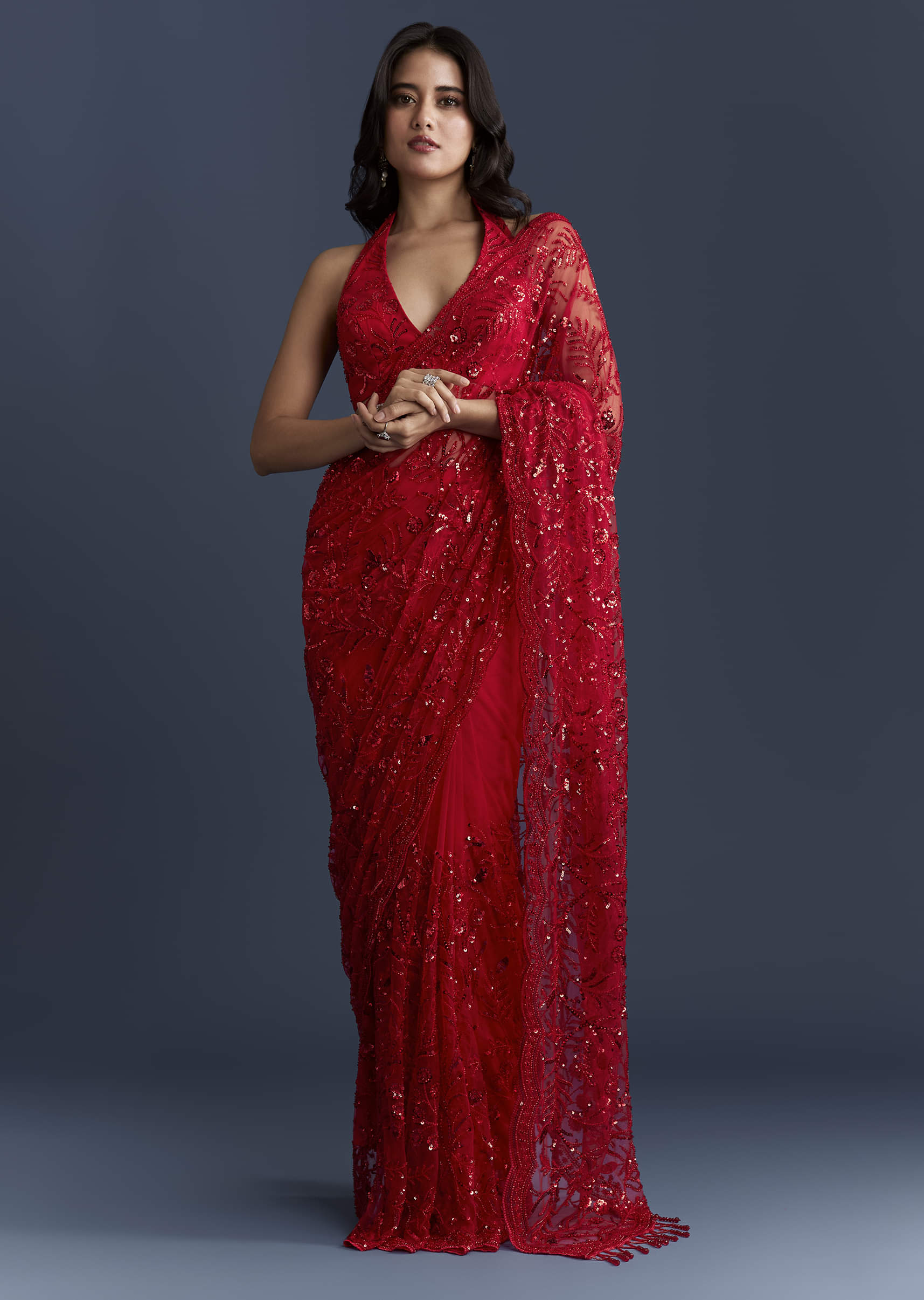 Red Net Saree With Floral Sequins Embroidery - Image 3