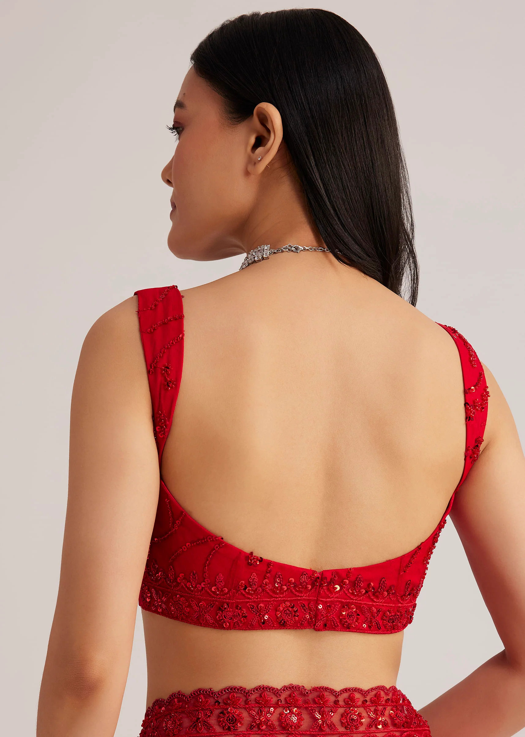 Red Net Saree With Sequins And Stone Detailing - Image 8