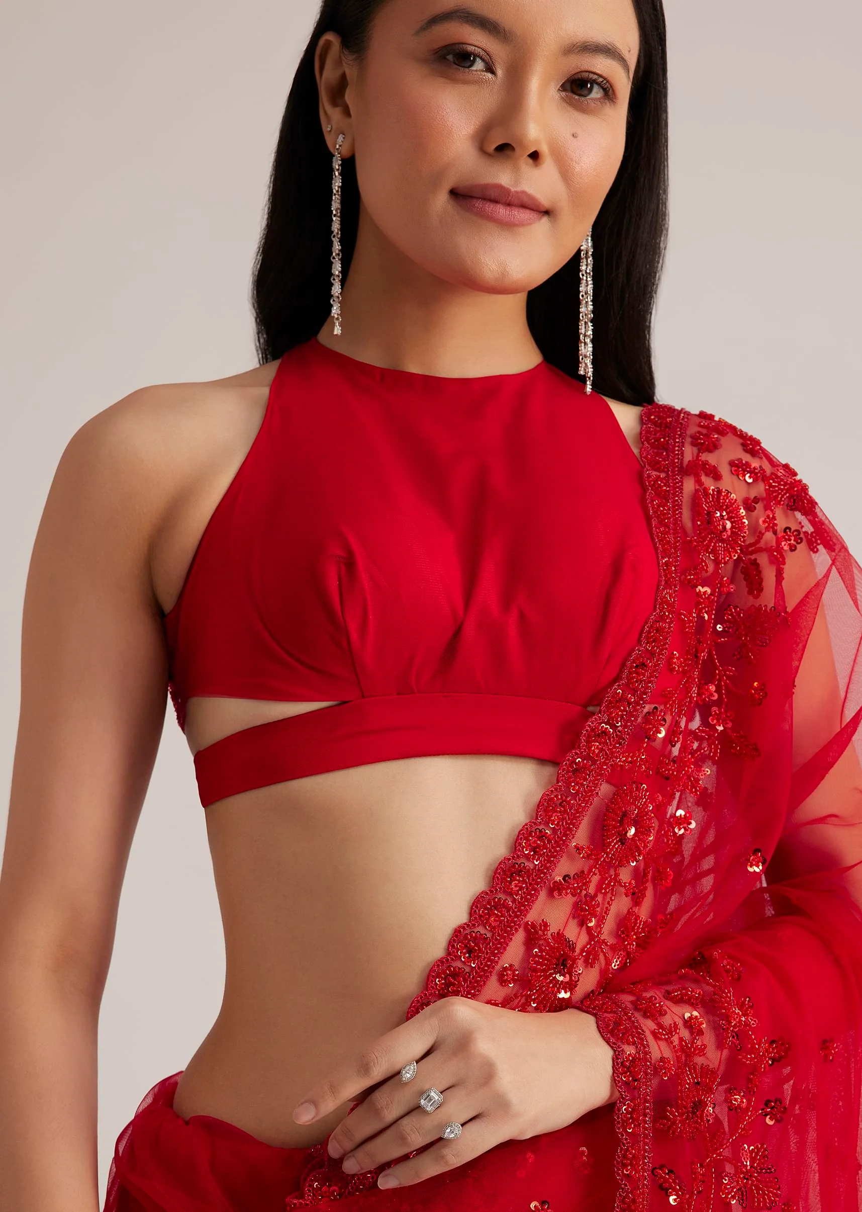 Red Net Saree With Sequins And Stones Embroidery - Image 2