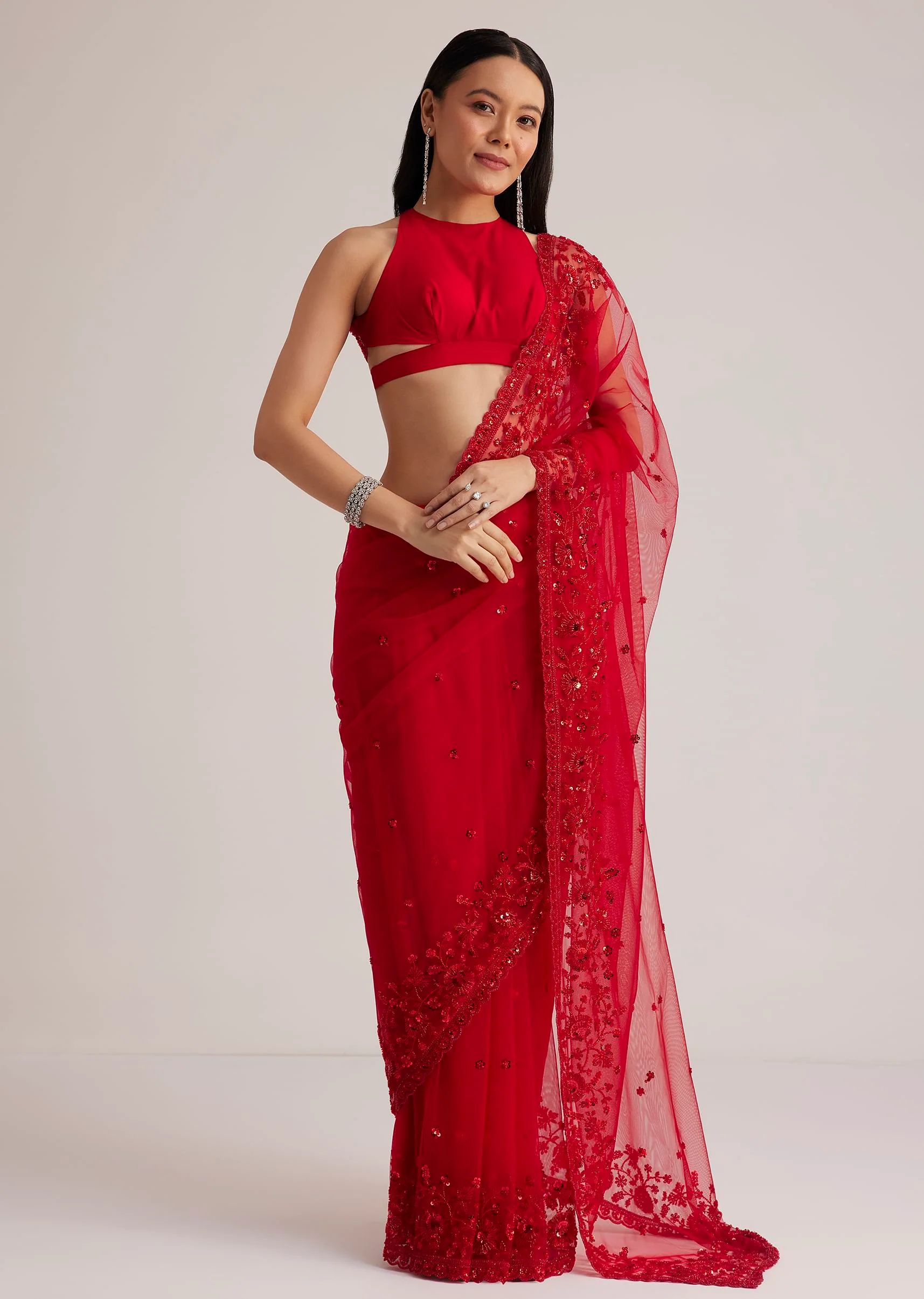 Red Net Saree With Sequins And Stones Embroidery - Image 3