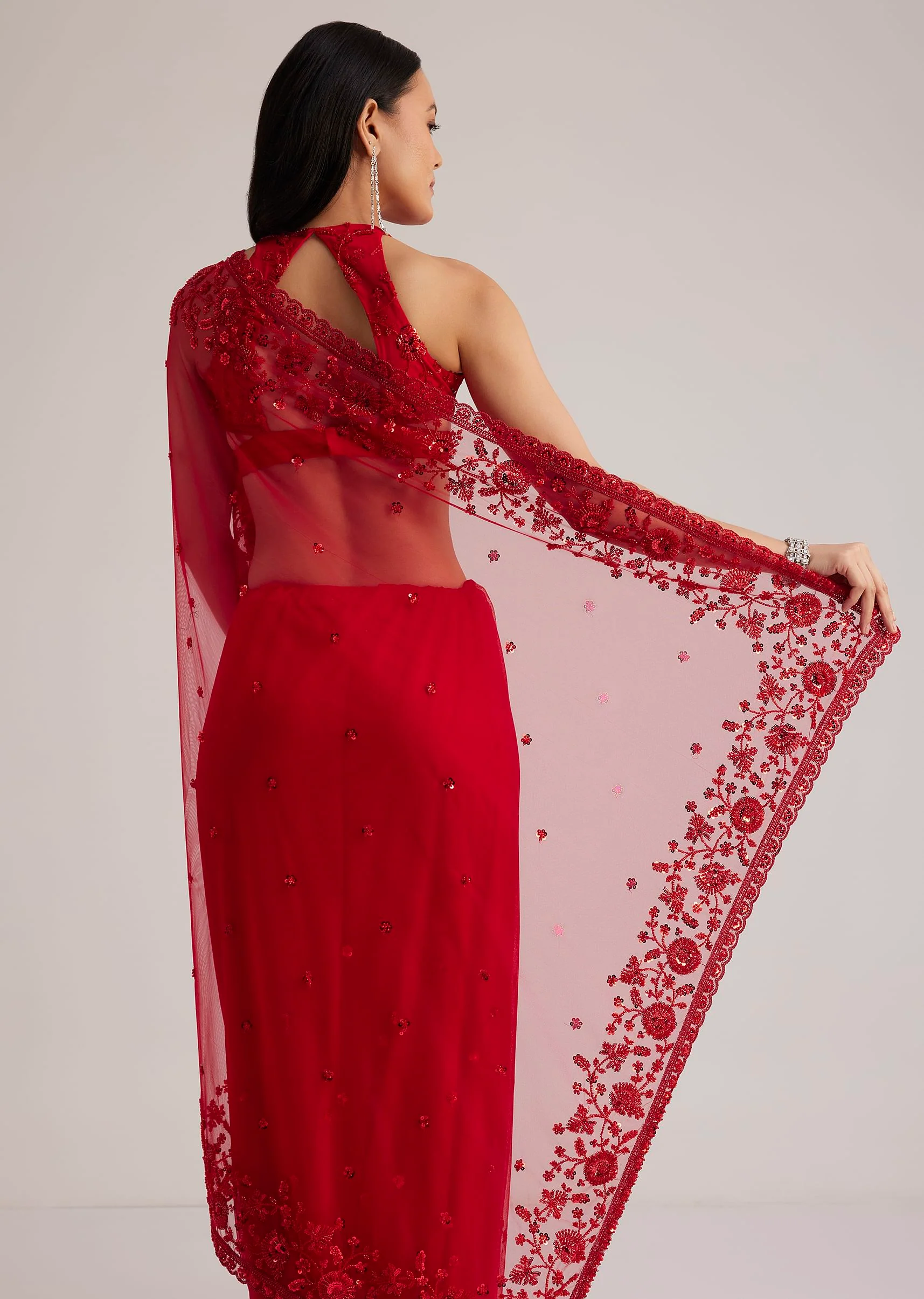 Red Net Saree With Sequins And Stones Embroidery - Image 6