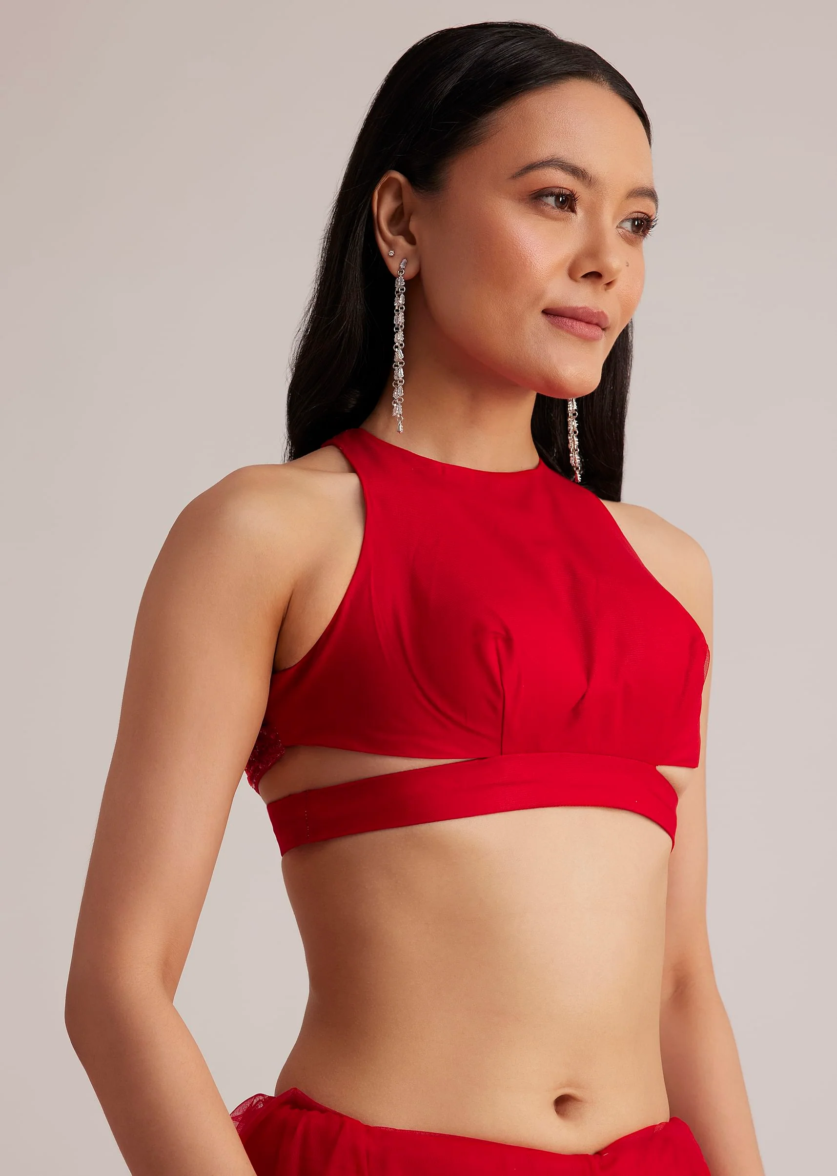 Red Net Saree With Sequins And Stones Embroidery - Image 7