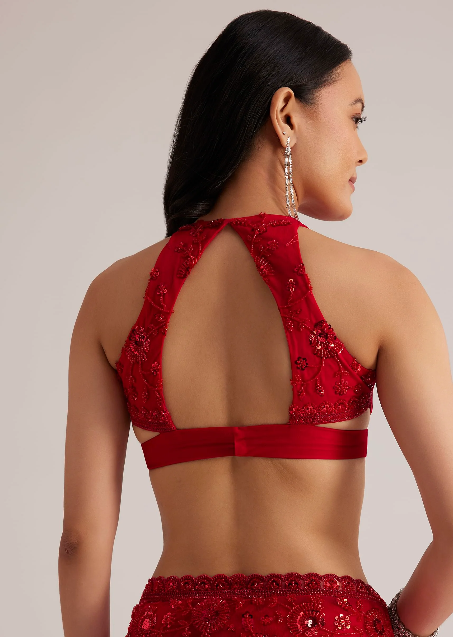 Red Net Saree With Sequins And Stones Embroidery - Image 8