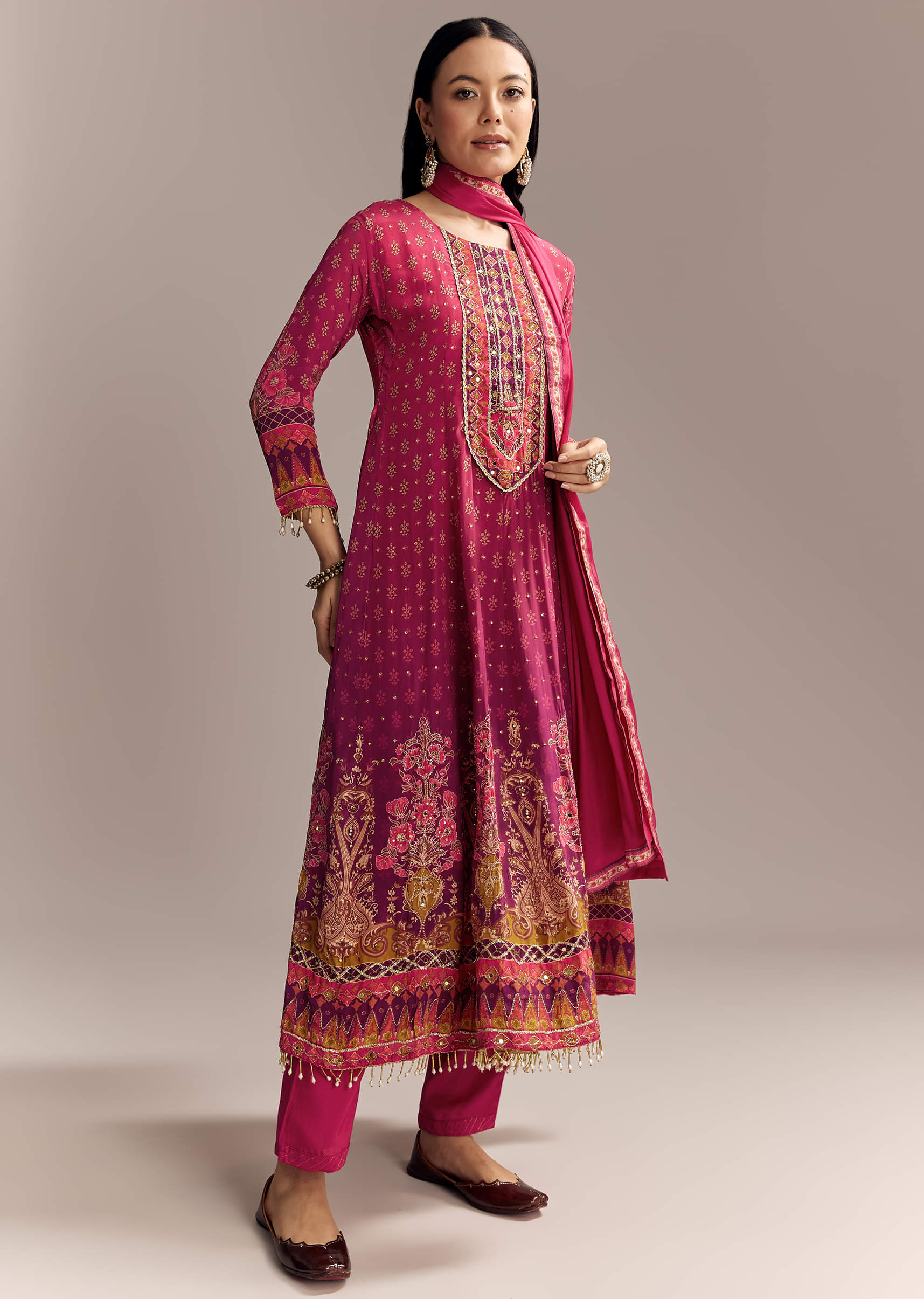 Red Ombre Crepe Printed Anarkali Suit With Embroidery And Tassels - Image 2