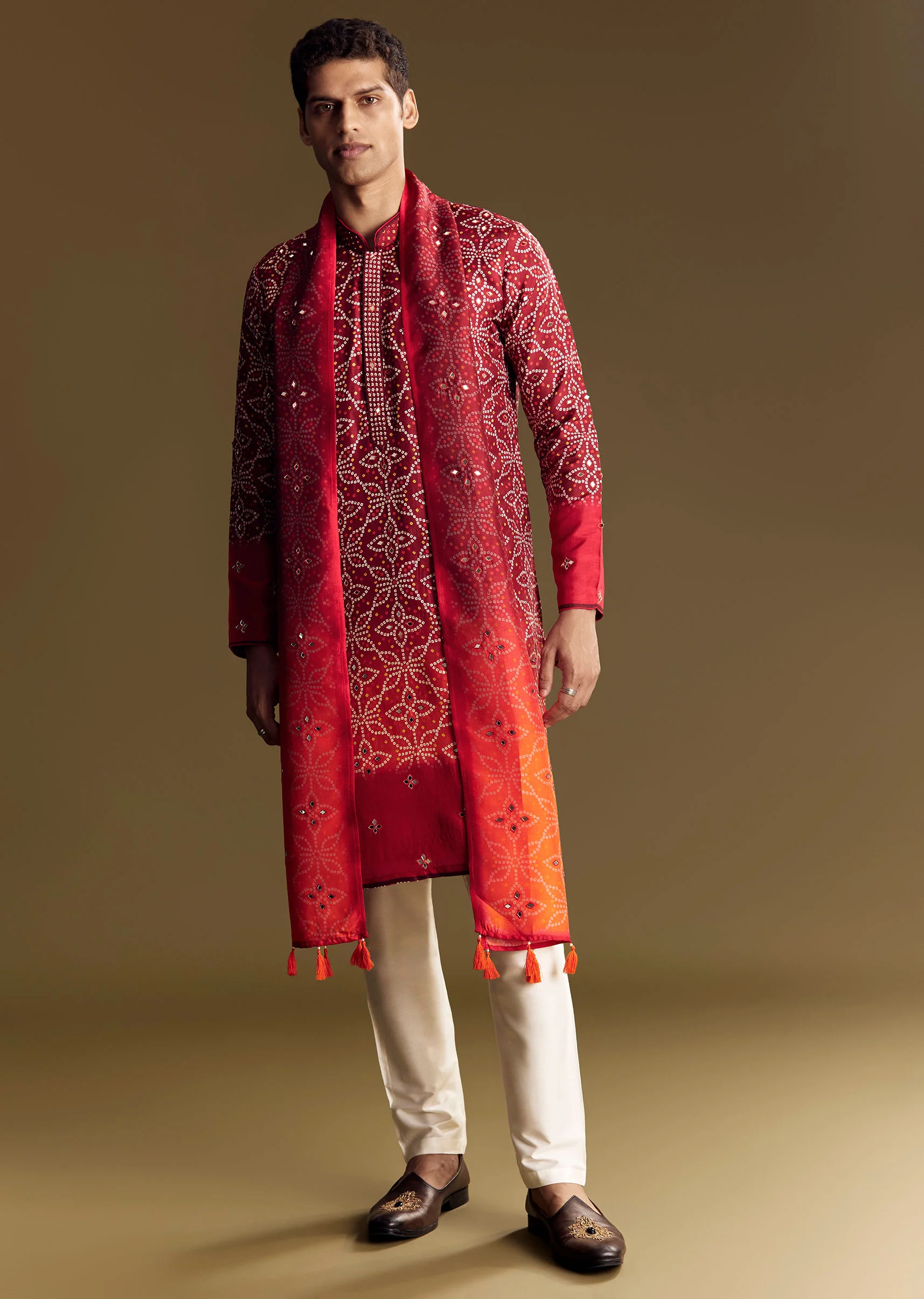 Red Ombre Kurta Set With Detailed Mirror Work - Image 3