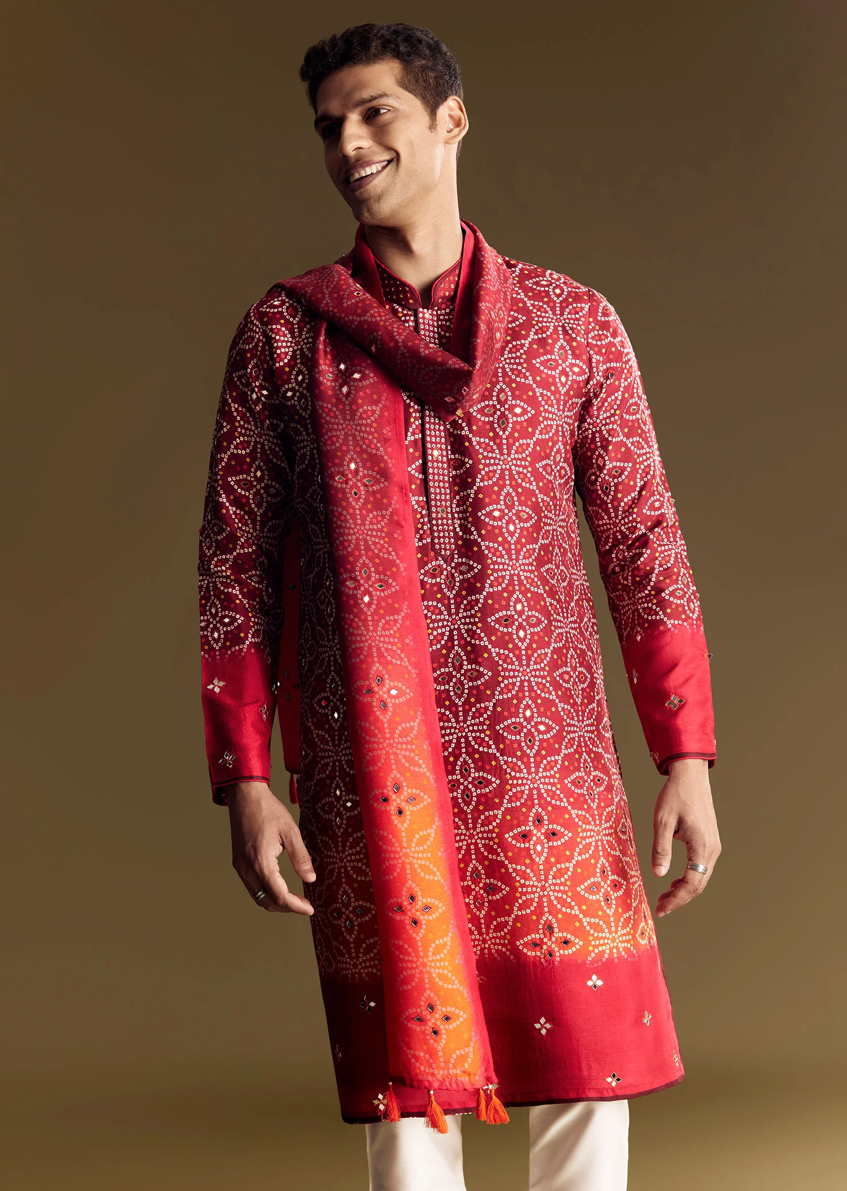 Red Ombre Kurta Set With Detailed Mirror Work - Image 4