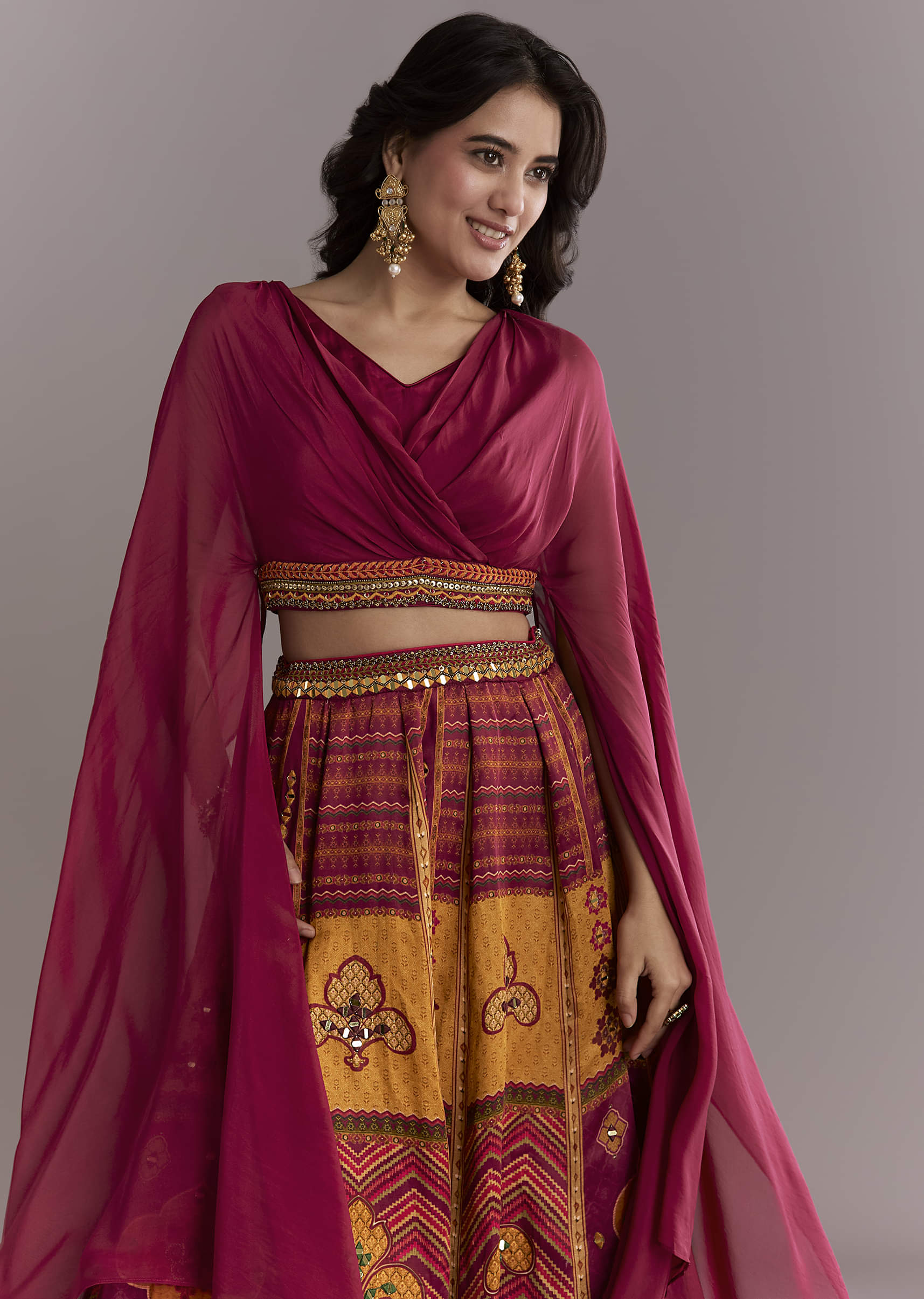 Red Organza Crop Top And Printed Skirt Set With Mirror Work - Image 5