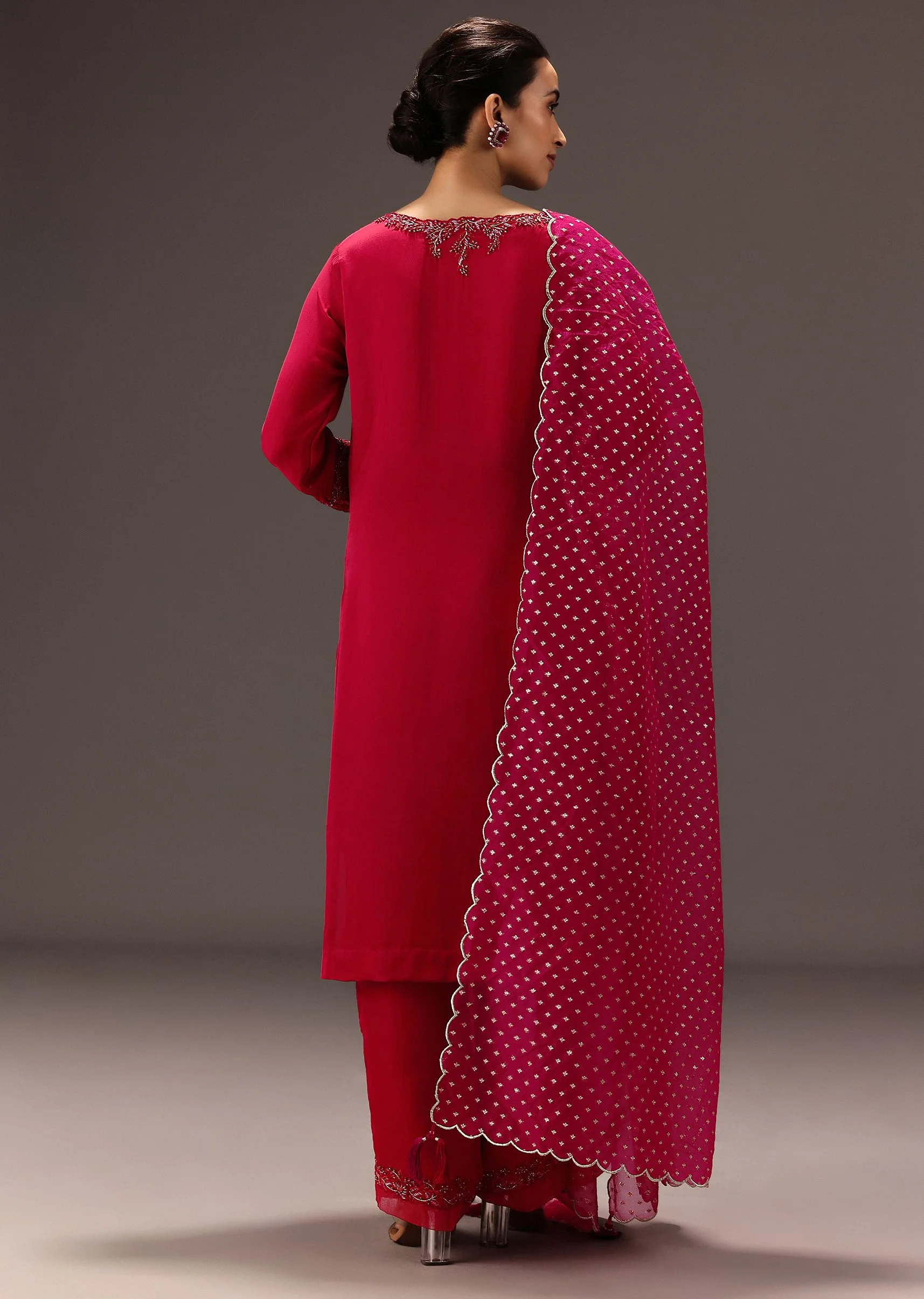 Red Organza Satin Hand Embroidered Kurta Set - Image 5