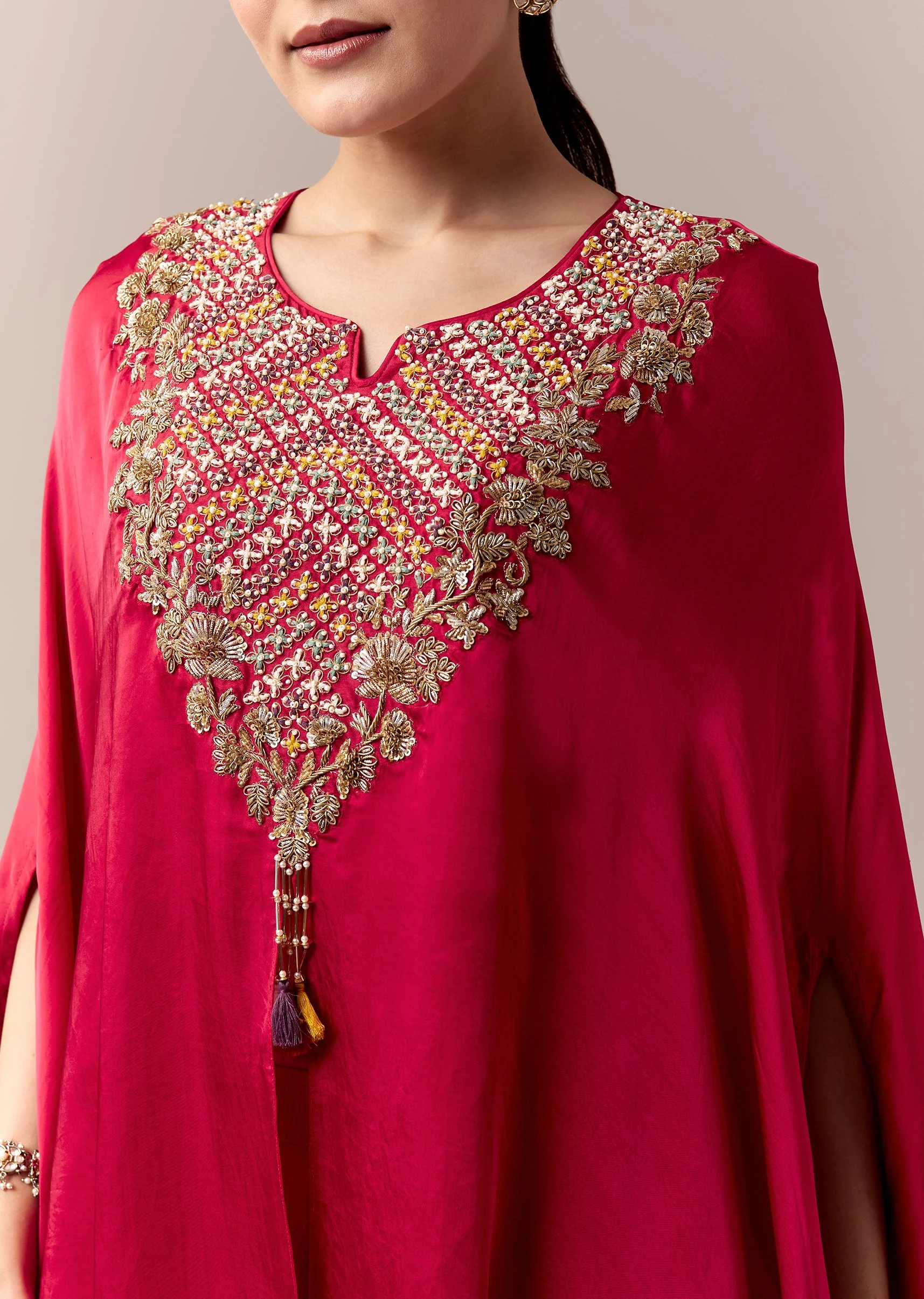 Red Palazzo Suit With Thread Zardosi And Moti Work - Image 2