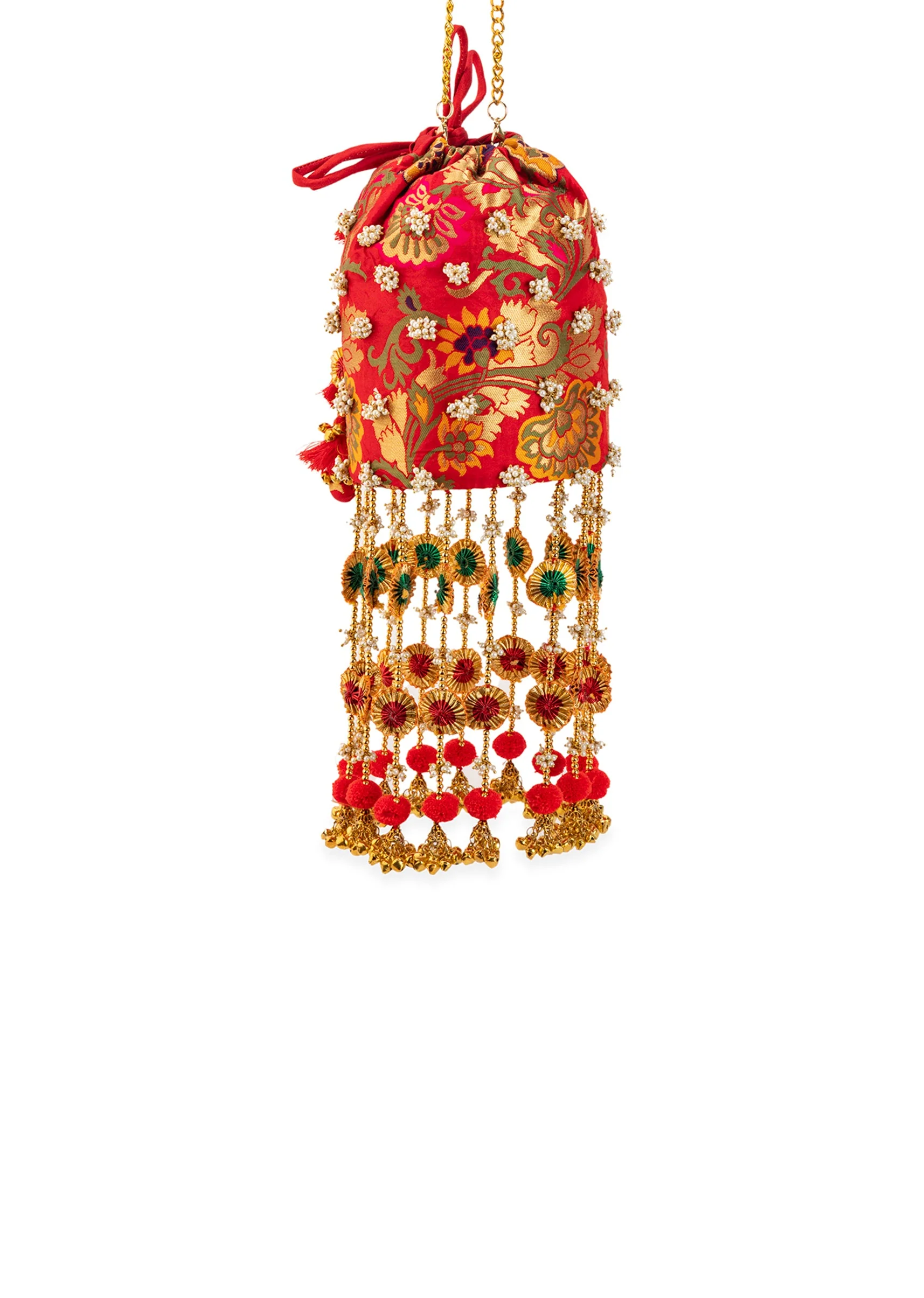 Red Pearl Embellished Layered Pom Pom Tassel Potli Bag - Image 4