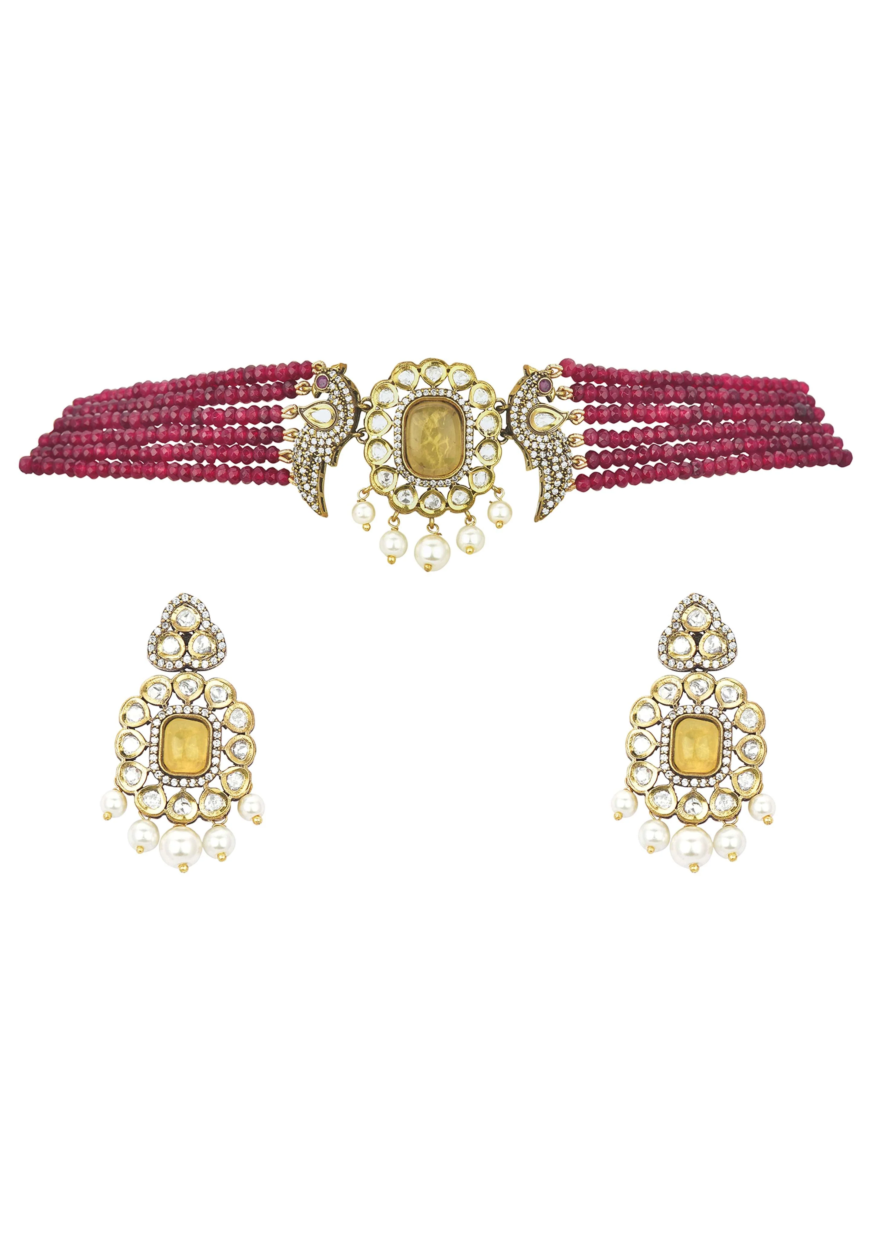 Red Pendant Beaded Choker Set With Floral Motif - Image 4