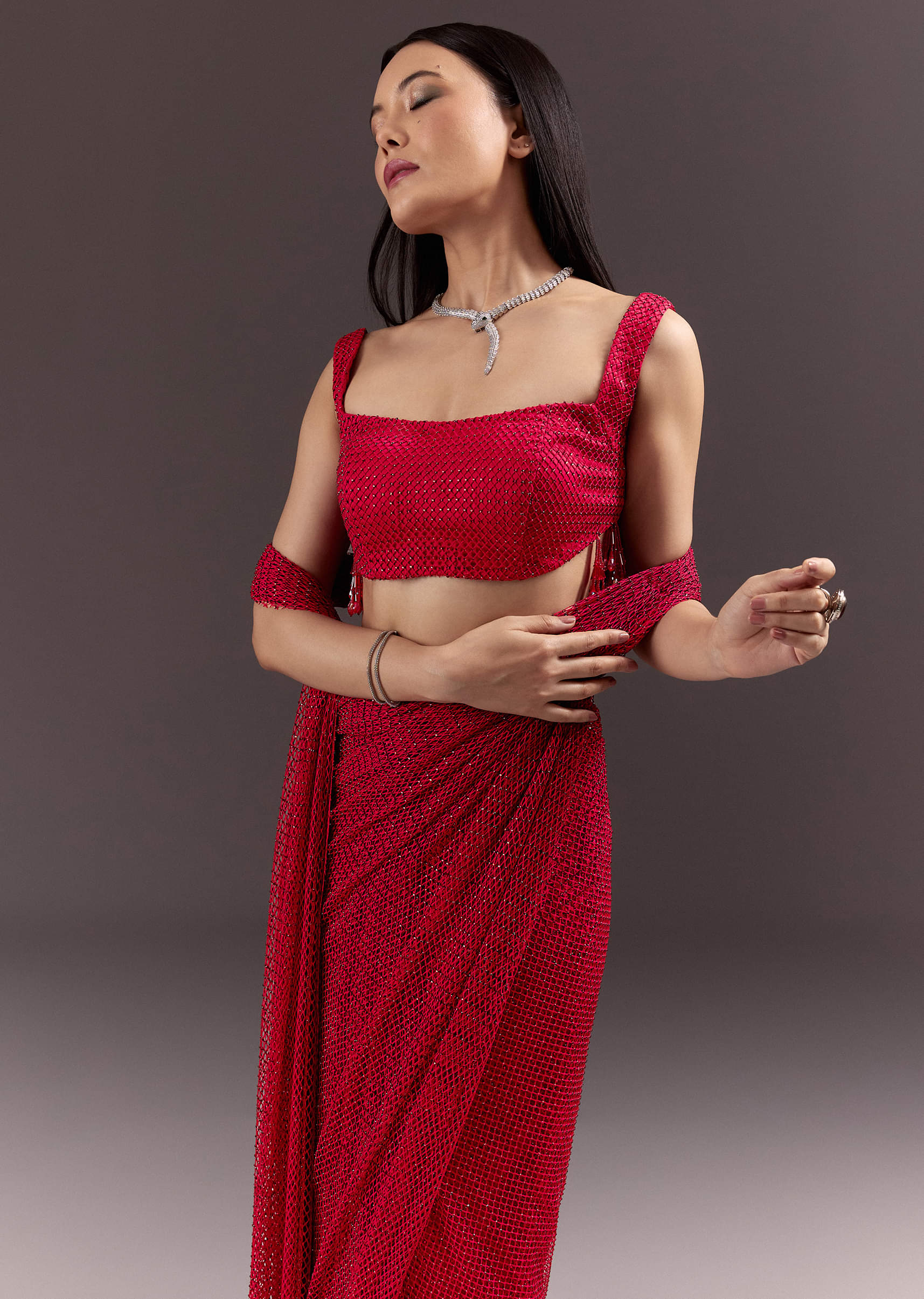 Red Pre Draped Crystal Embroidered Saree - Image 2