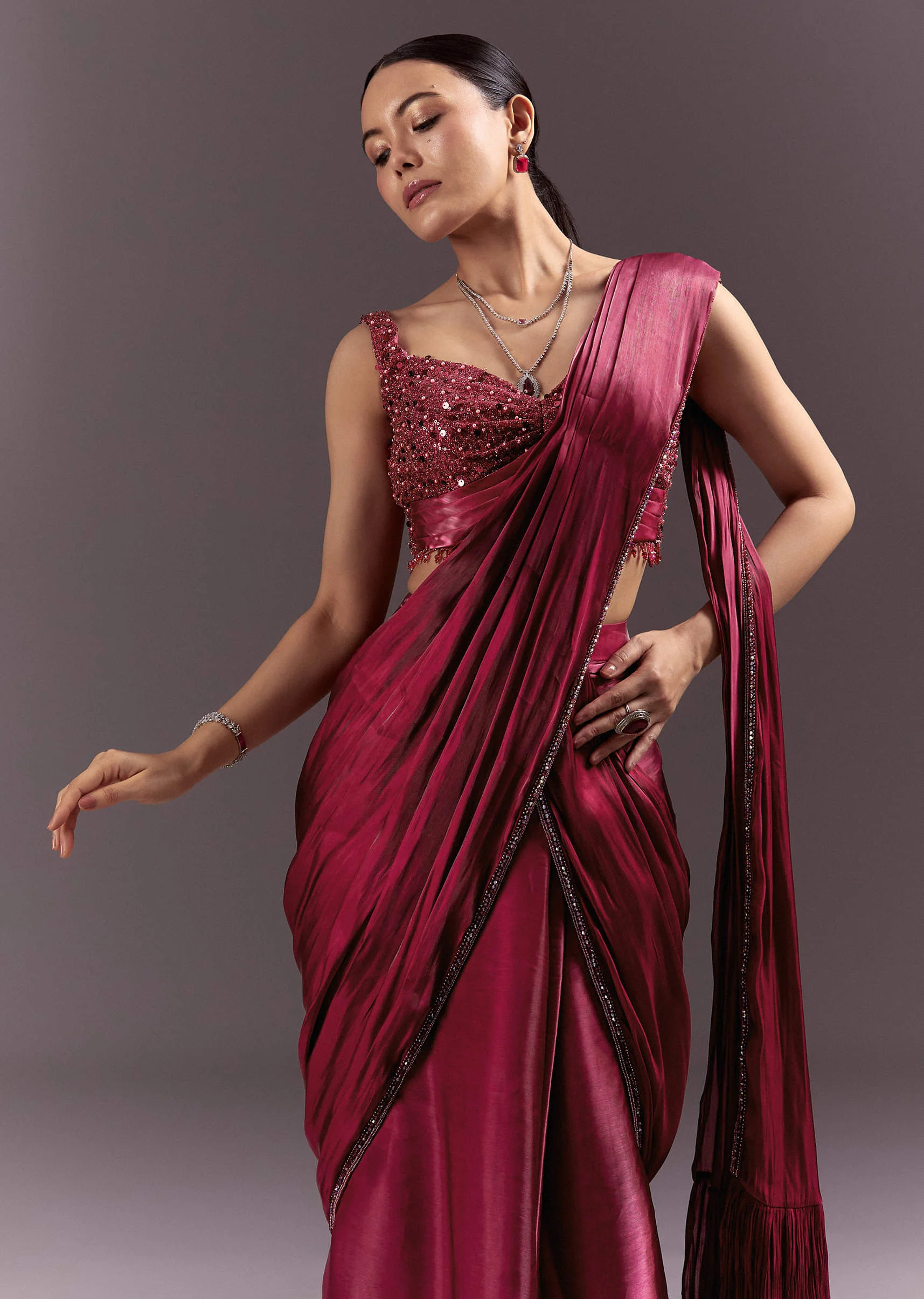 Red Pre Stitched Saree With Sleeveless V Neck Blouse - Image 4