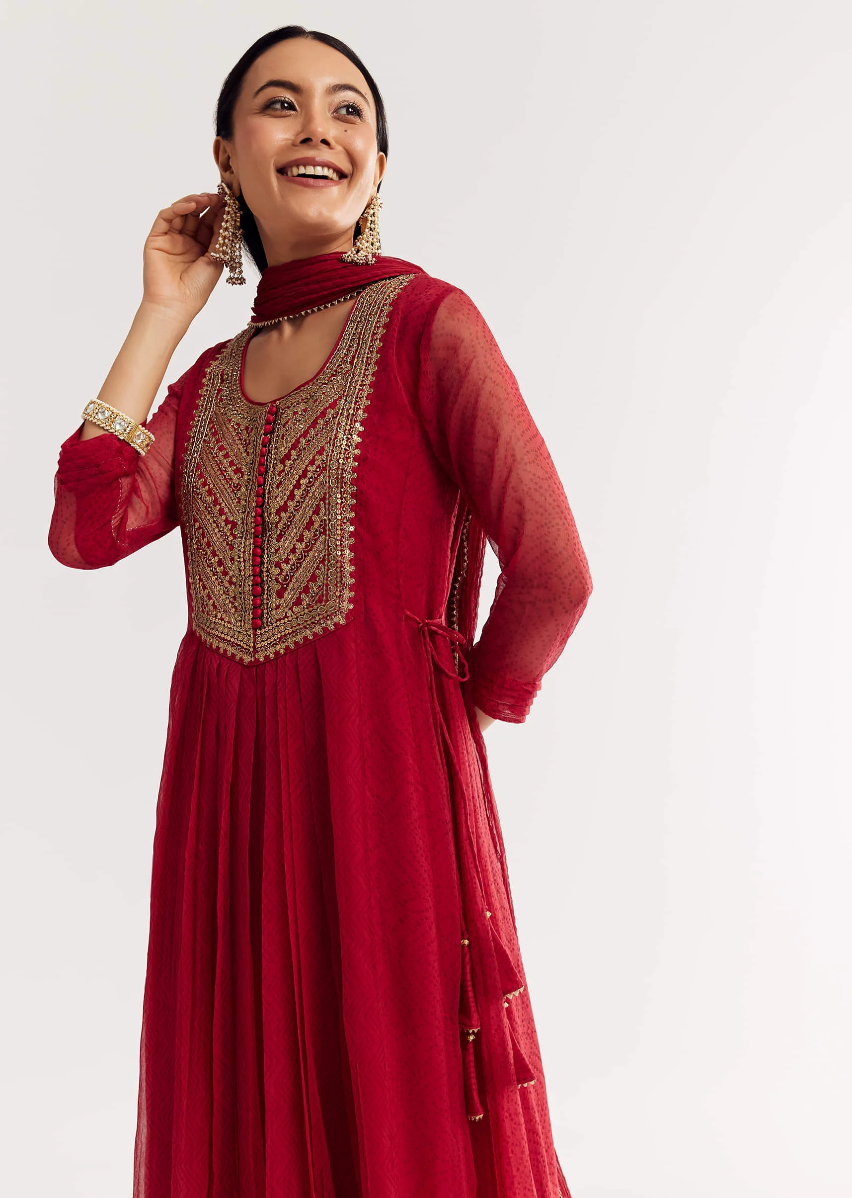 Red Printed Chiffon Sequin Kurta Set With Dupatta - Image 2