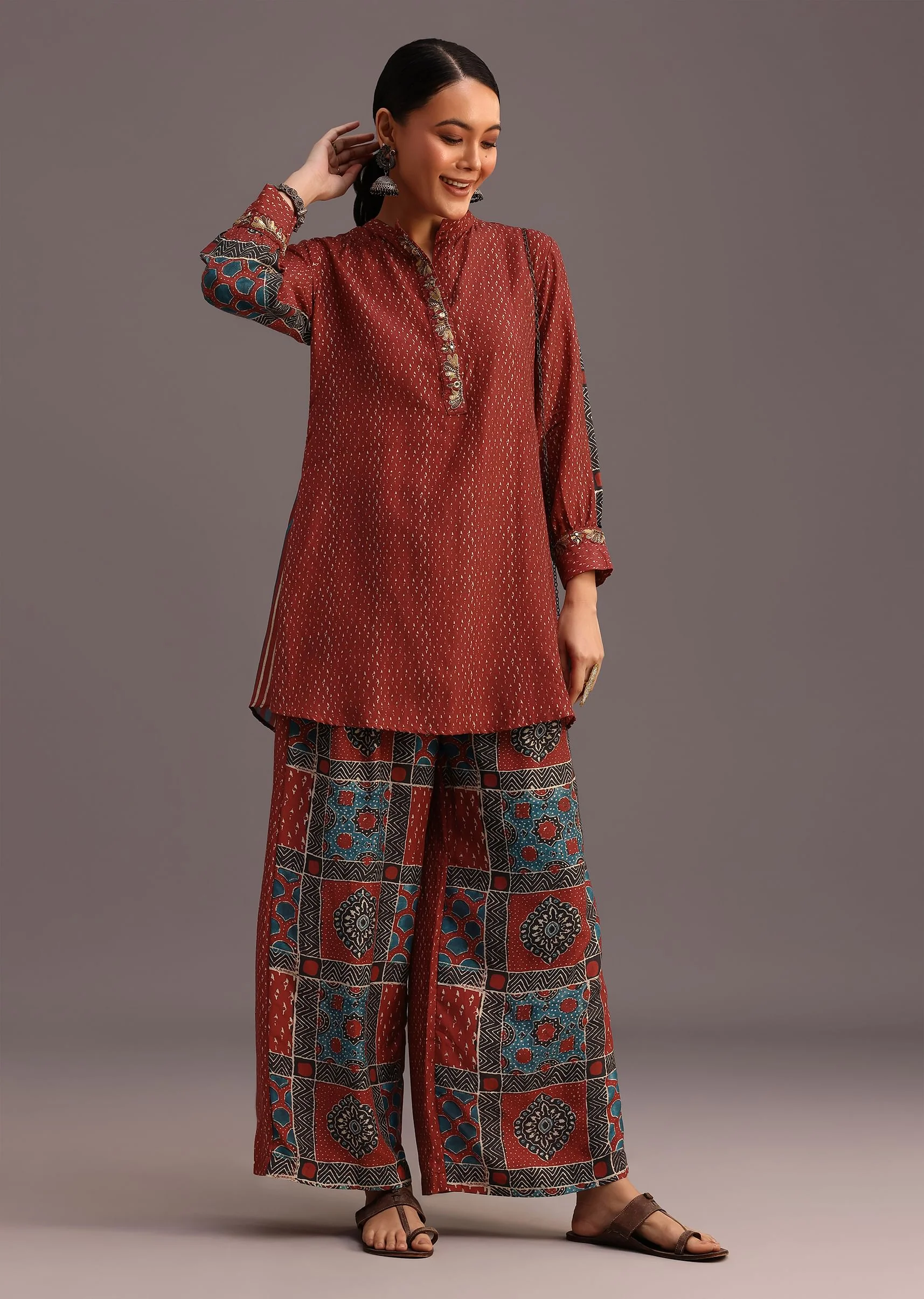 Red Printed Kurti With Palazzo Set - Image 3