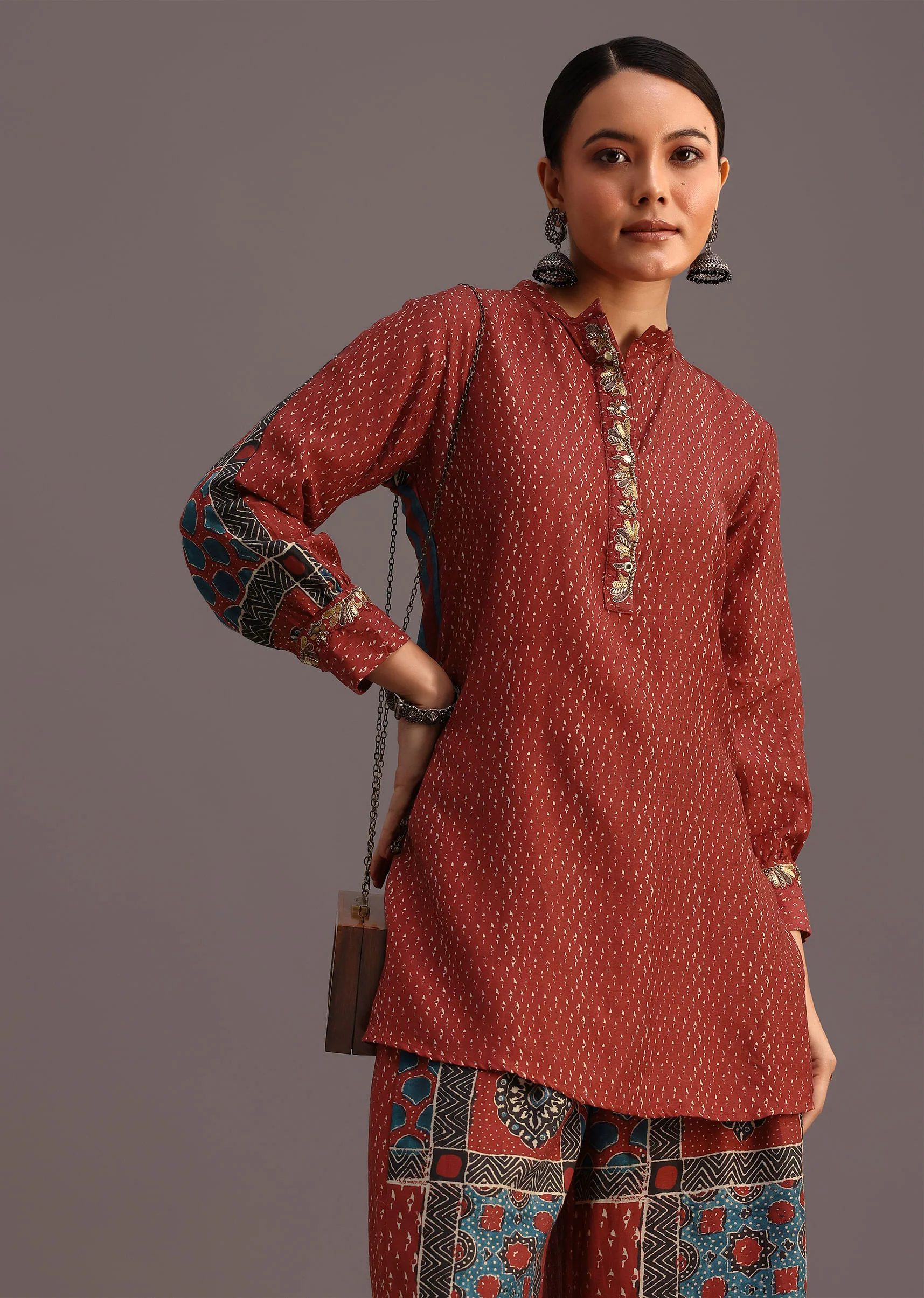 Red Printed Kurti With Palazzo Set - Image 4