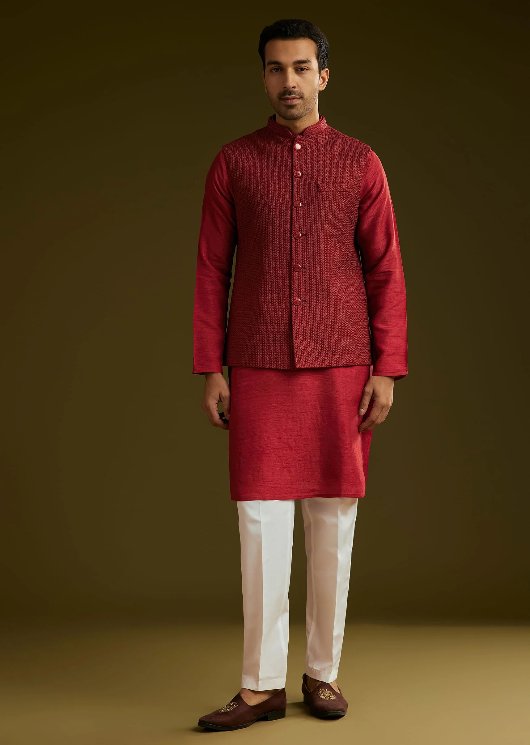 Red Rayon Kurta Jacket Set - Image 4