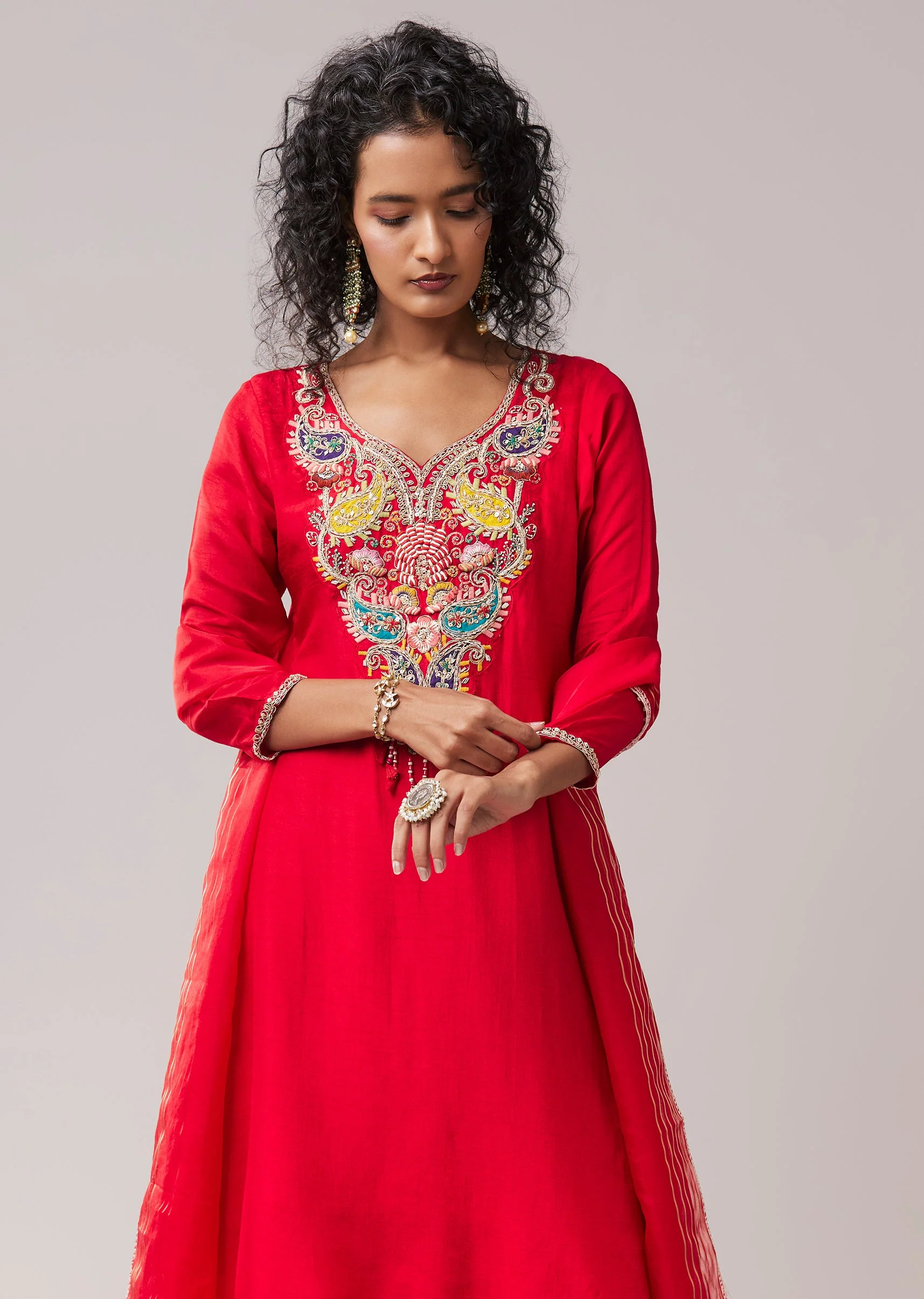 Red Resham Work Silk Kurta Palazzo Set - Image 4