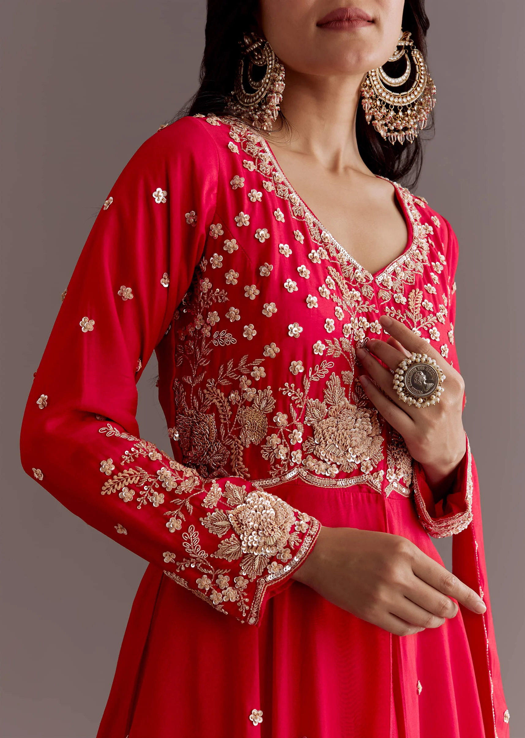Red Russian Silk Front Slit Cutdana Beaded Kurta Set With Dupatta - Image 3