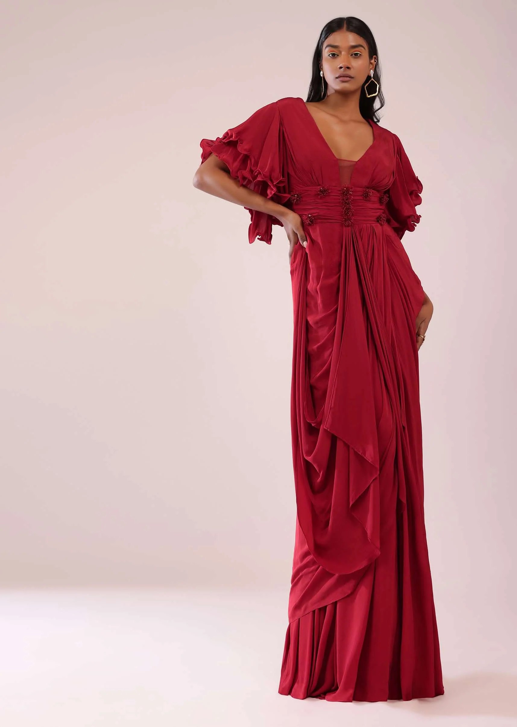 Red Saree Gown In Crepe With Frill Sleeves And Delicate Hand Embroidery - Image 4