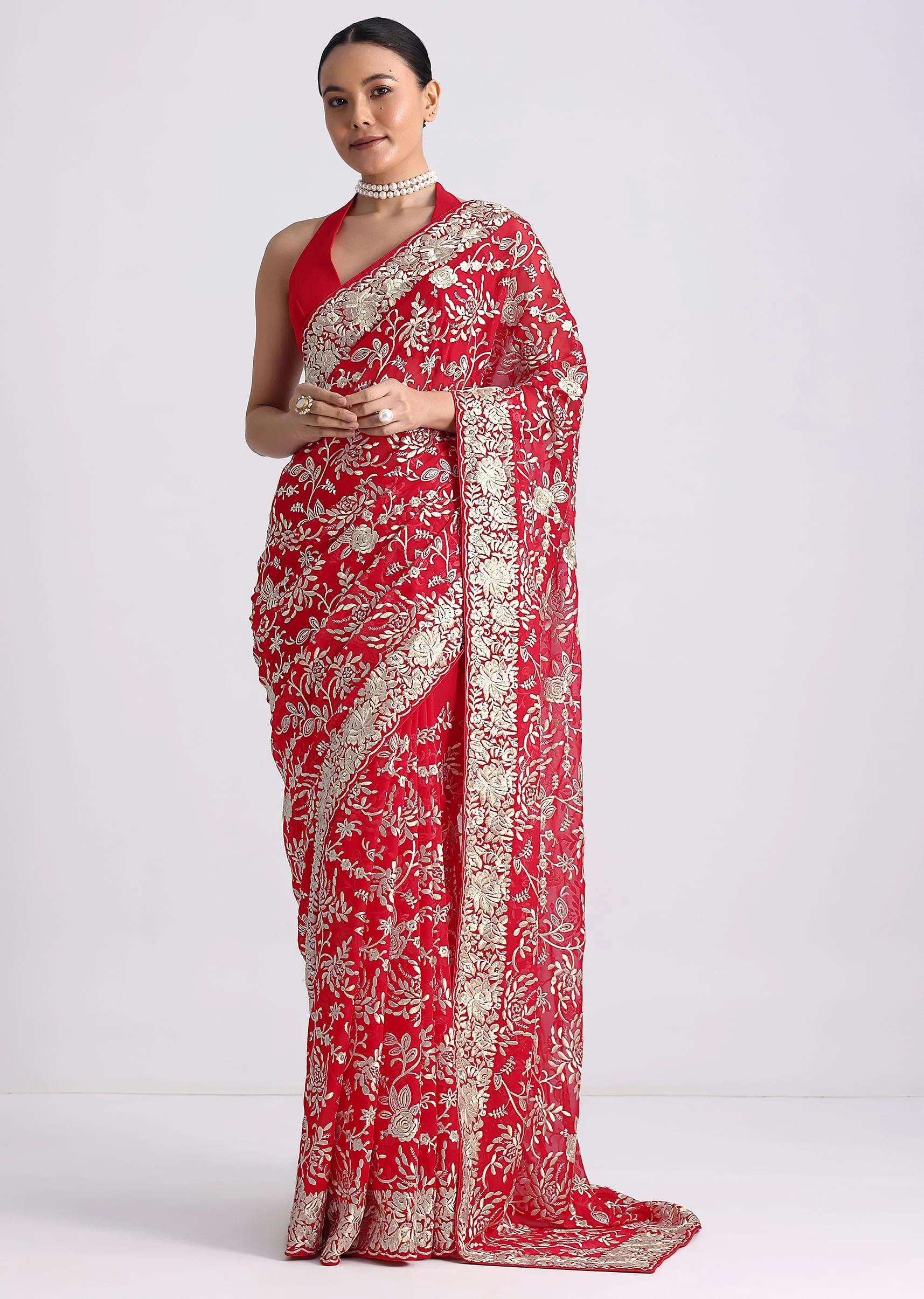 Red Saree In Georgette with Parsi Gara Work - Image 3