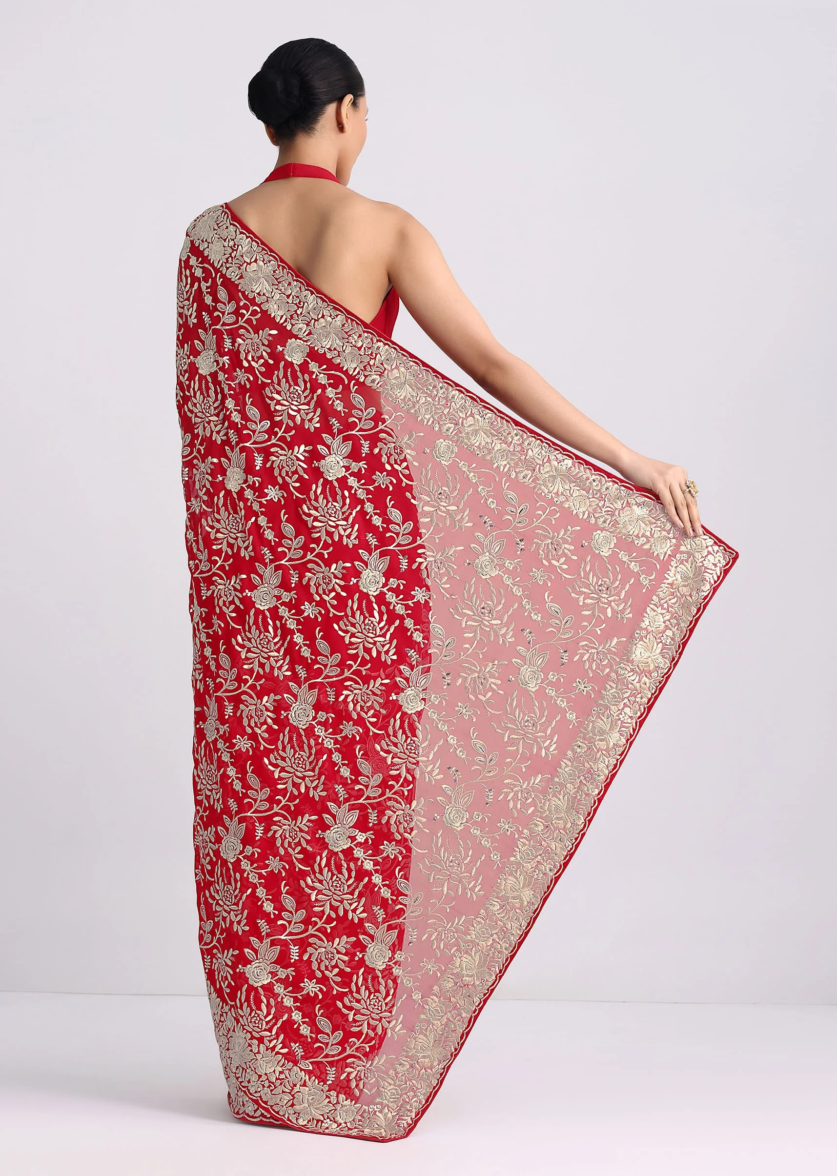 Red Saree In Georgette with Parsi Gara Work - Image 6