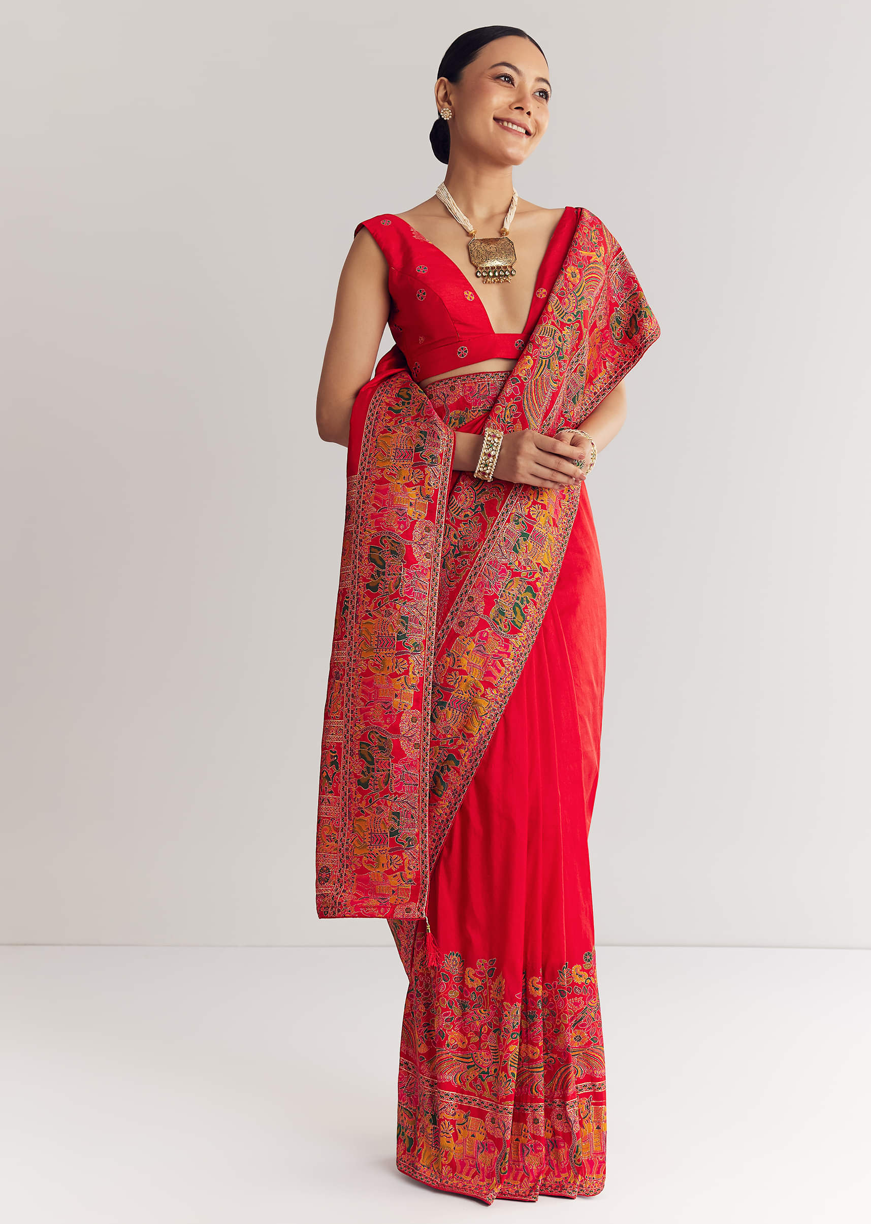 Red Saree With Traditional Floral And Animal Prints - Image 2