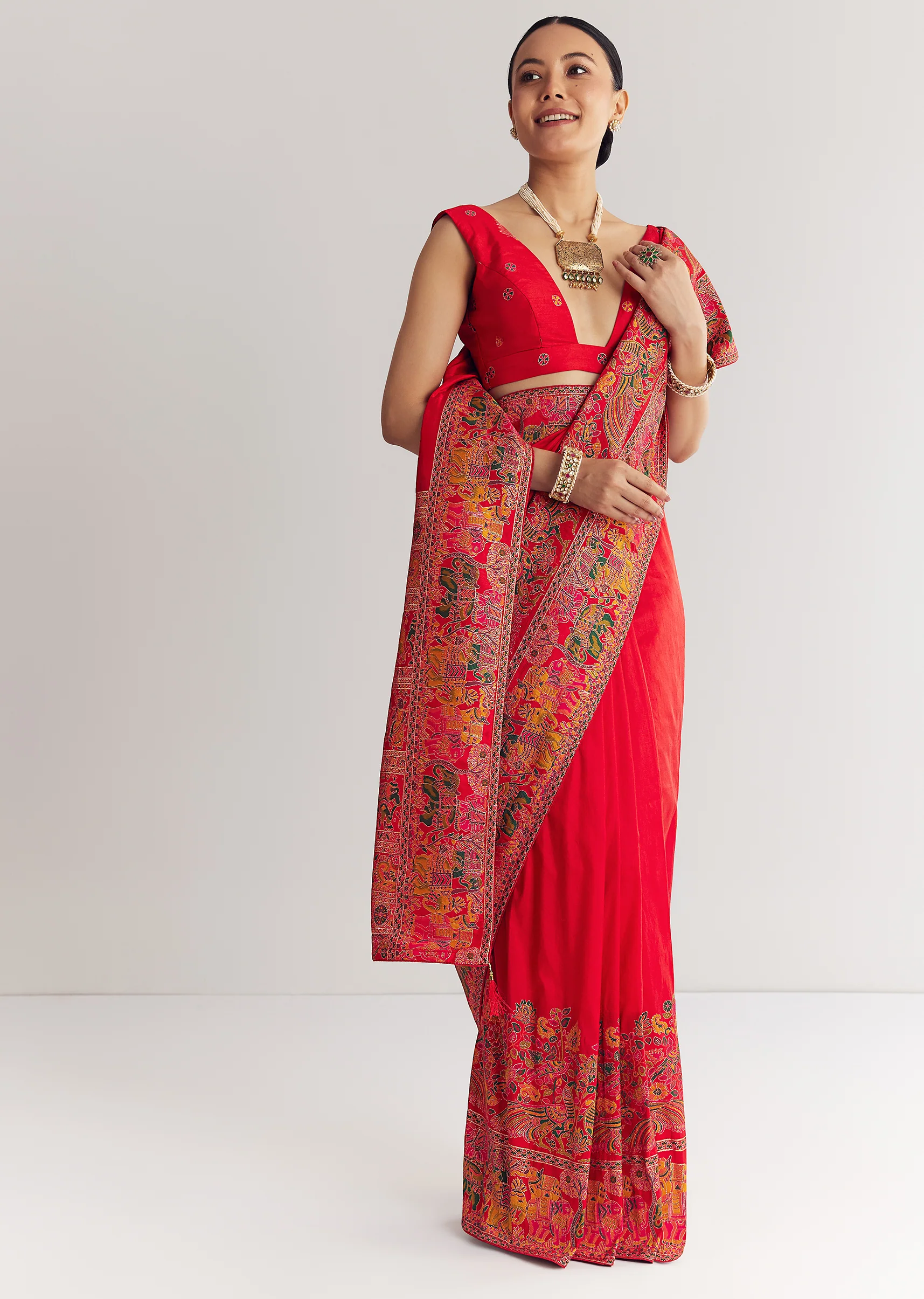 Red Saree With Traditional Floral And Animal Prints - Image 5