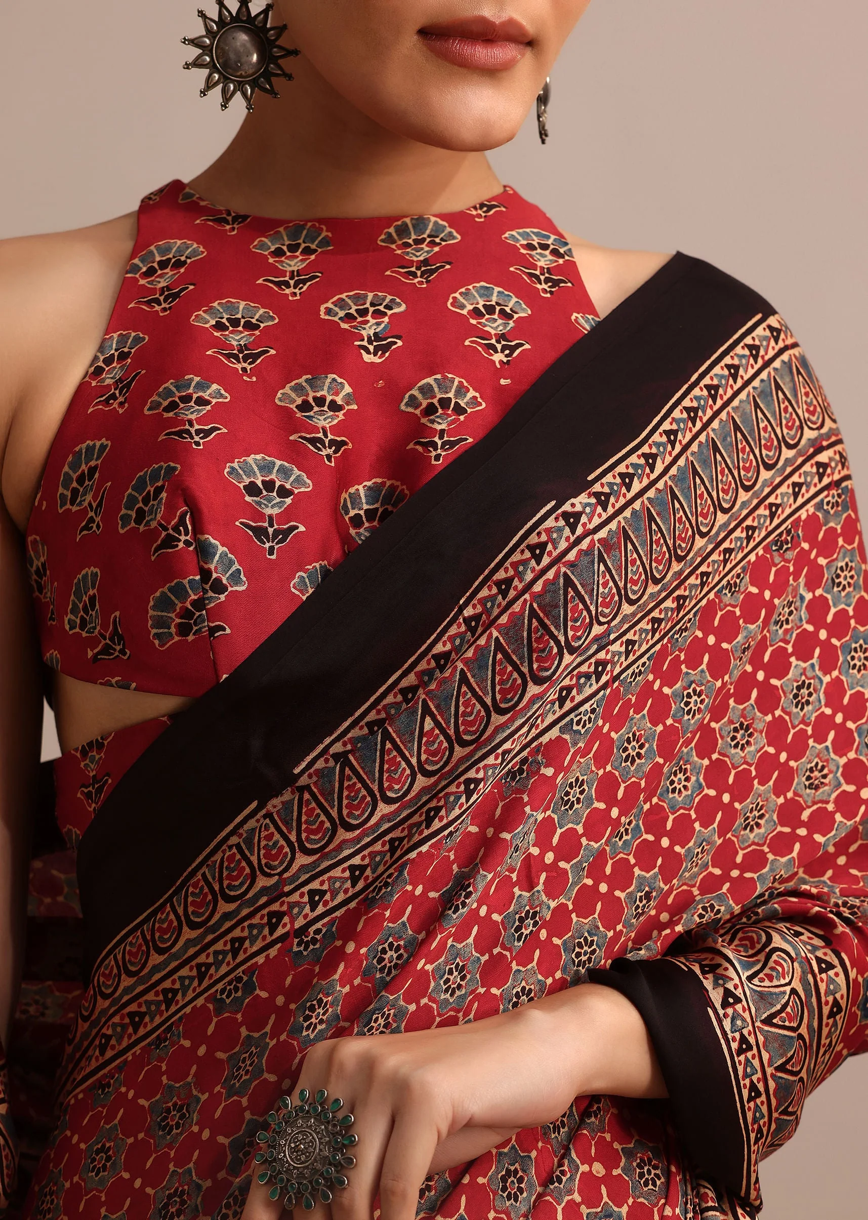 Red Satin Ajrakh Handblock Printed Saree - Image 2