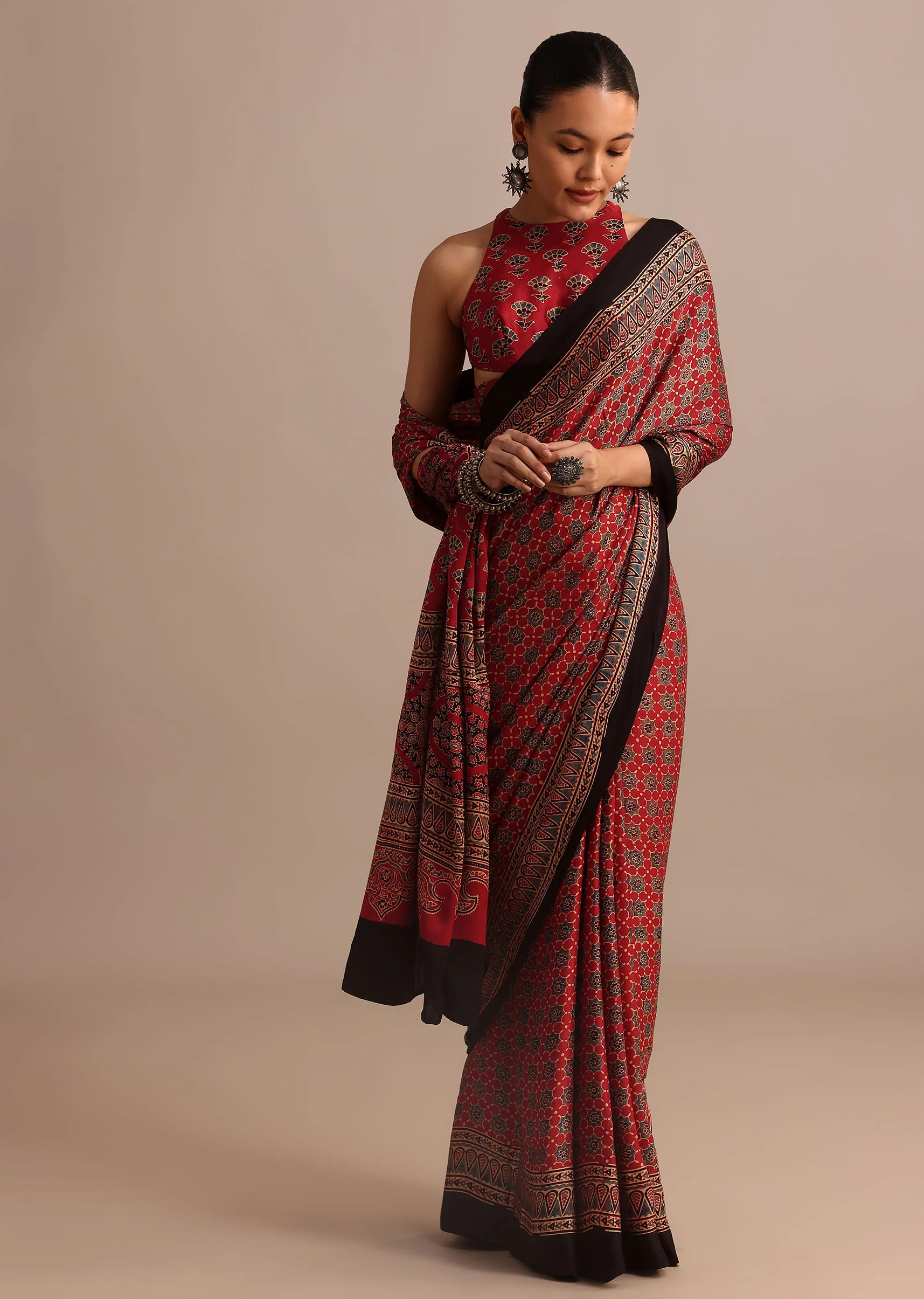 Red Satin Ajrakh Handblock Printed Saree - Image 3