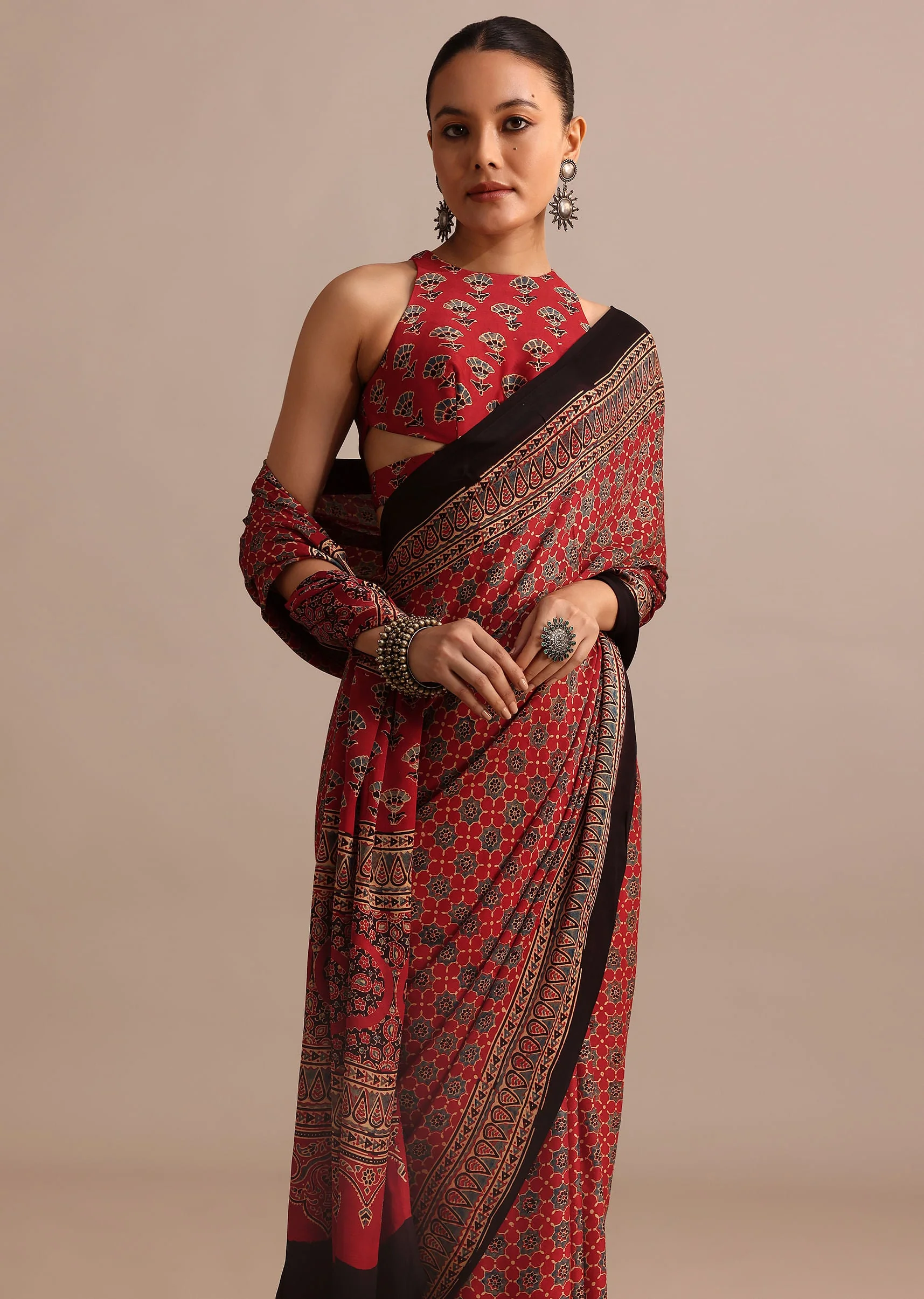 Red Satin Ajrakh Handblock Printed Saree - Image 4