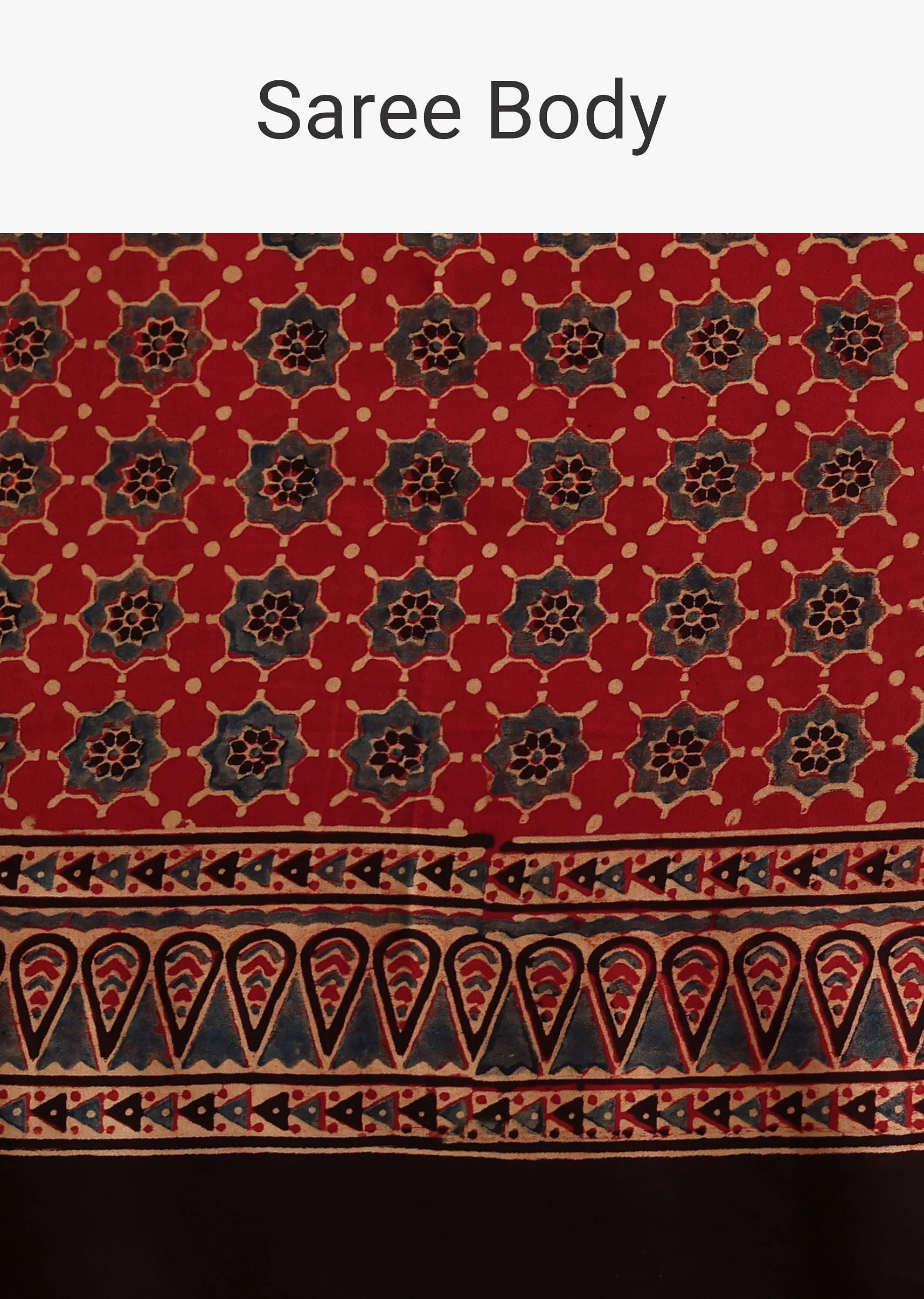 Red Satin Ajrakh Handblock Printed Saree - Image 9