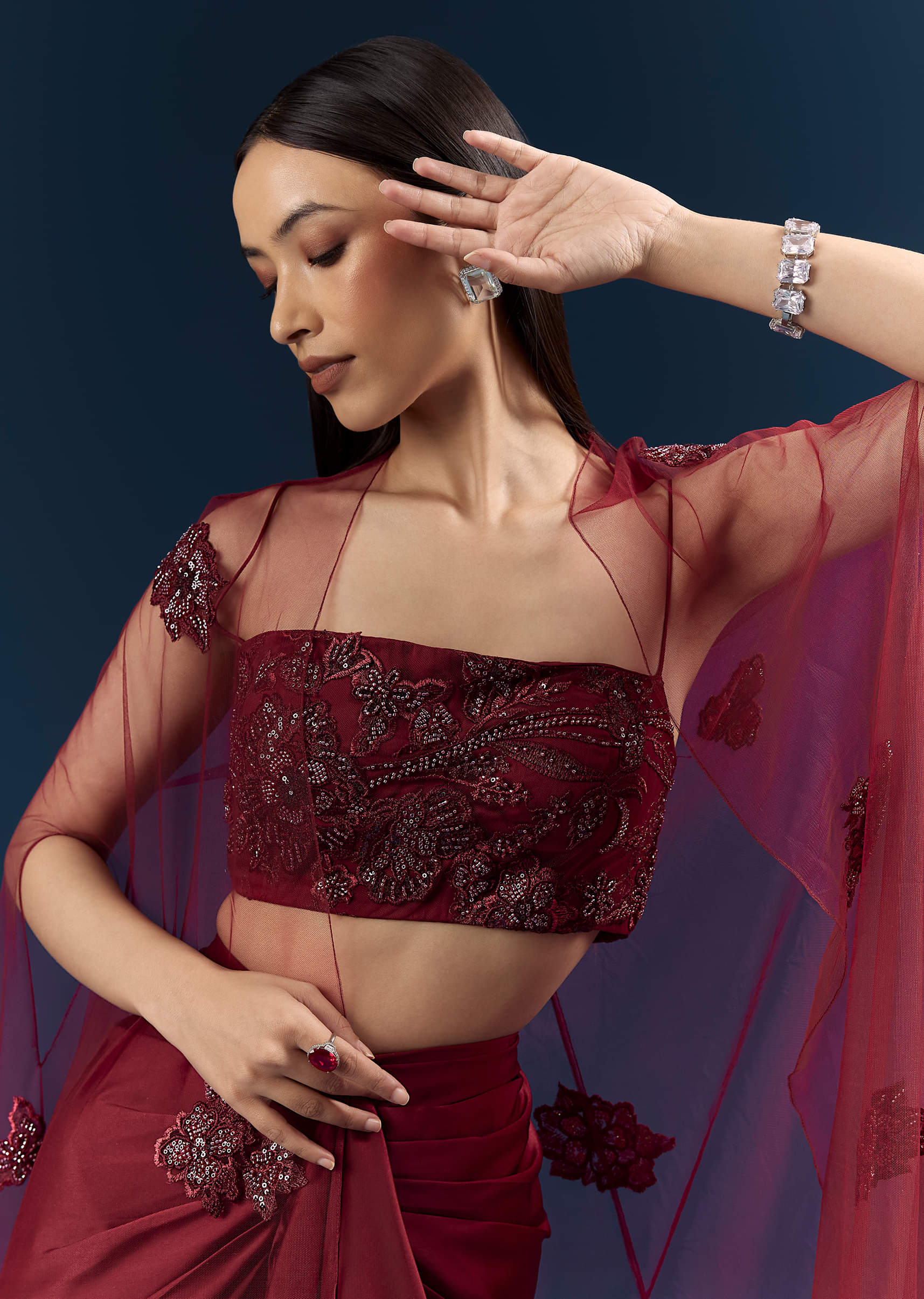 Red Satin Crop Top And Drape Skirt Set With Lace Work And Embroidery - Image 2