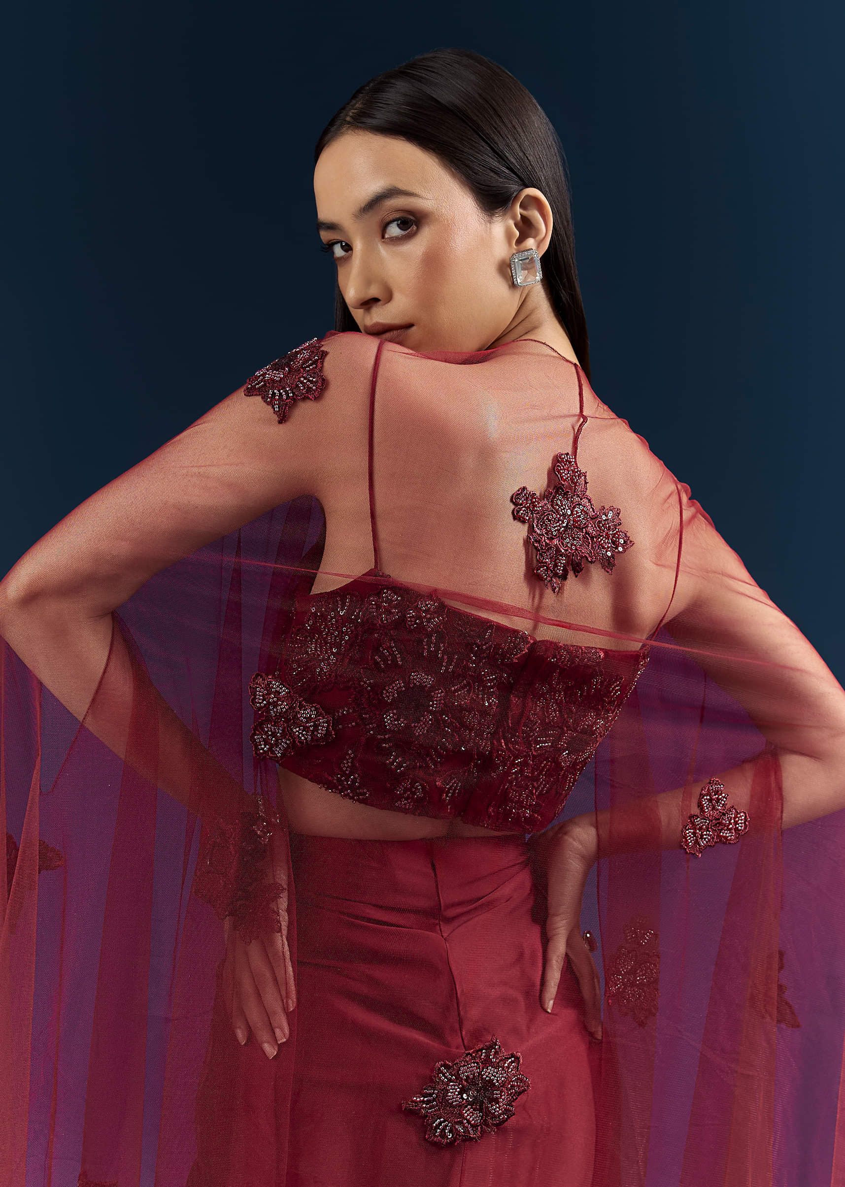 Red Satin Crop Top And Drape Skirt Set With Lace Work And Embroidery - Image 6