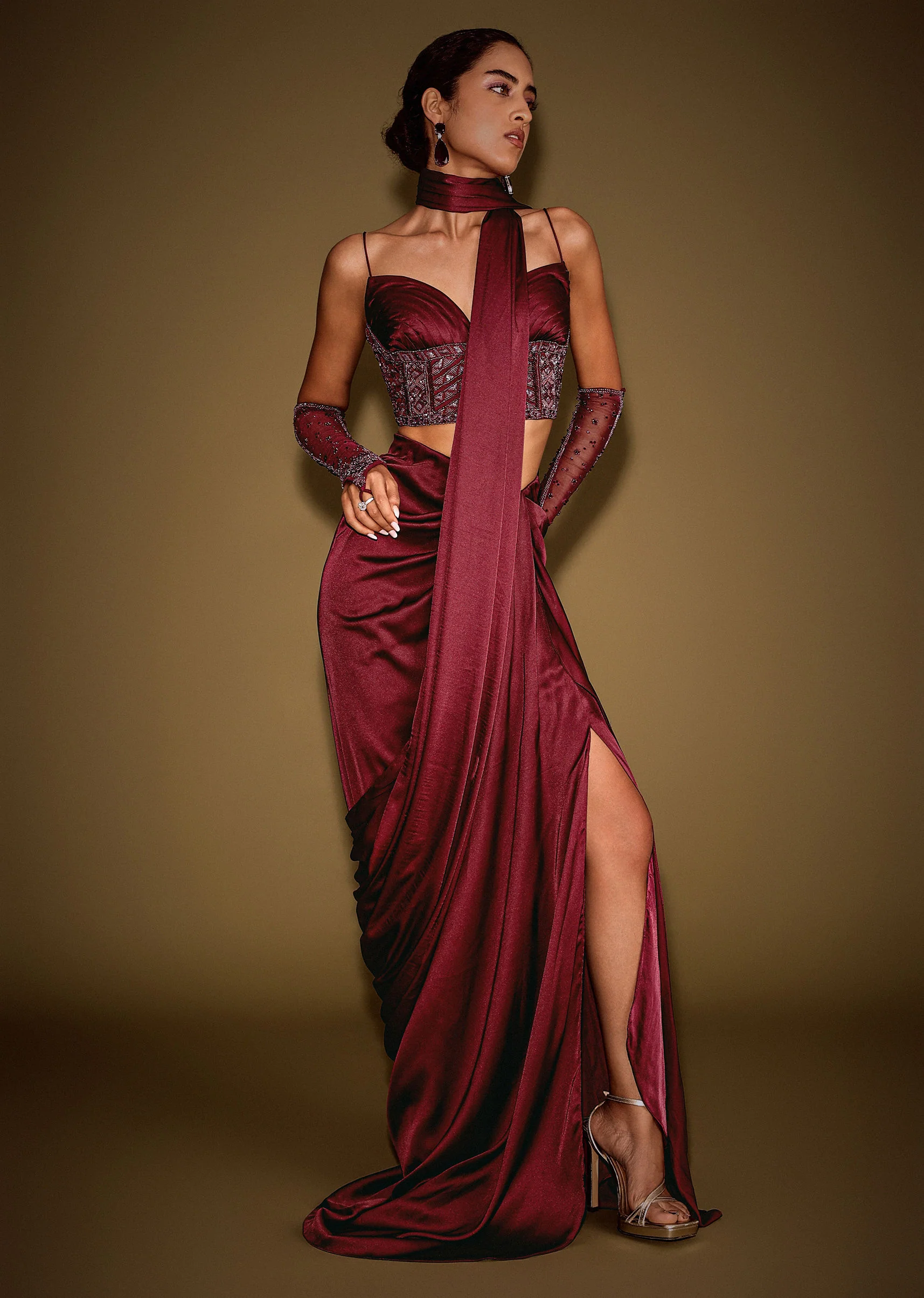 Red Satin Drape Skirt With Embroidered Blouse And Drape Dupatta - Image 4