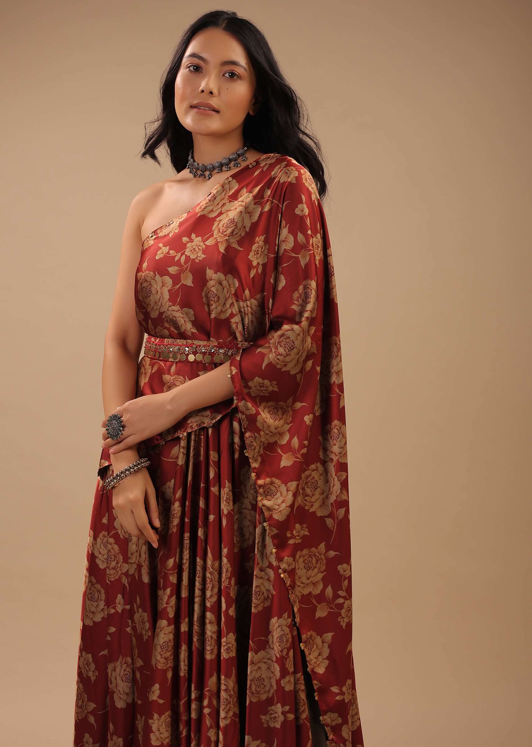 Red Satin One-Shoulder Dress With Floral Print And A Belt To Cinch The Drape - Image 4