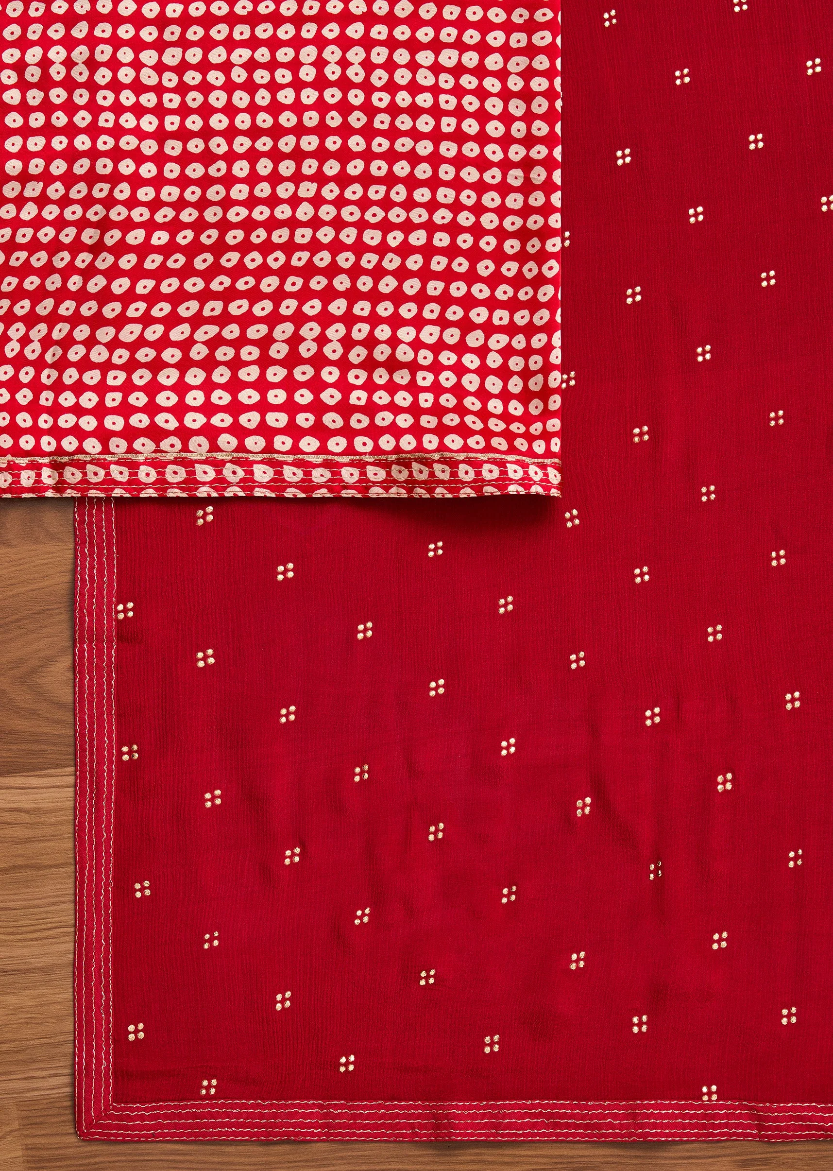 Red Satin Printed Unstitched Suit With Dupatta and Bottom Fabric - Image 3