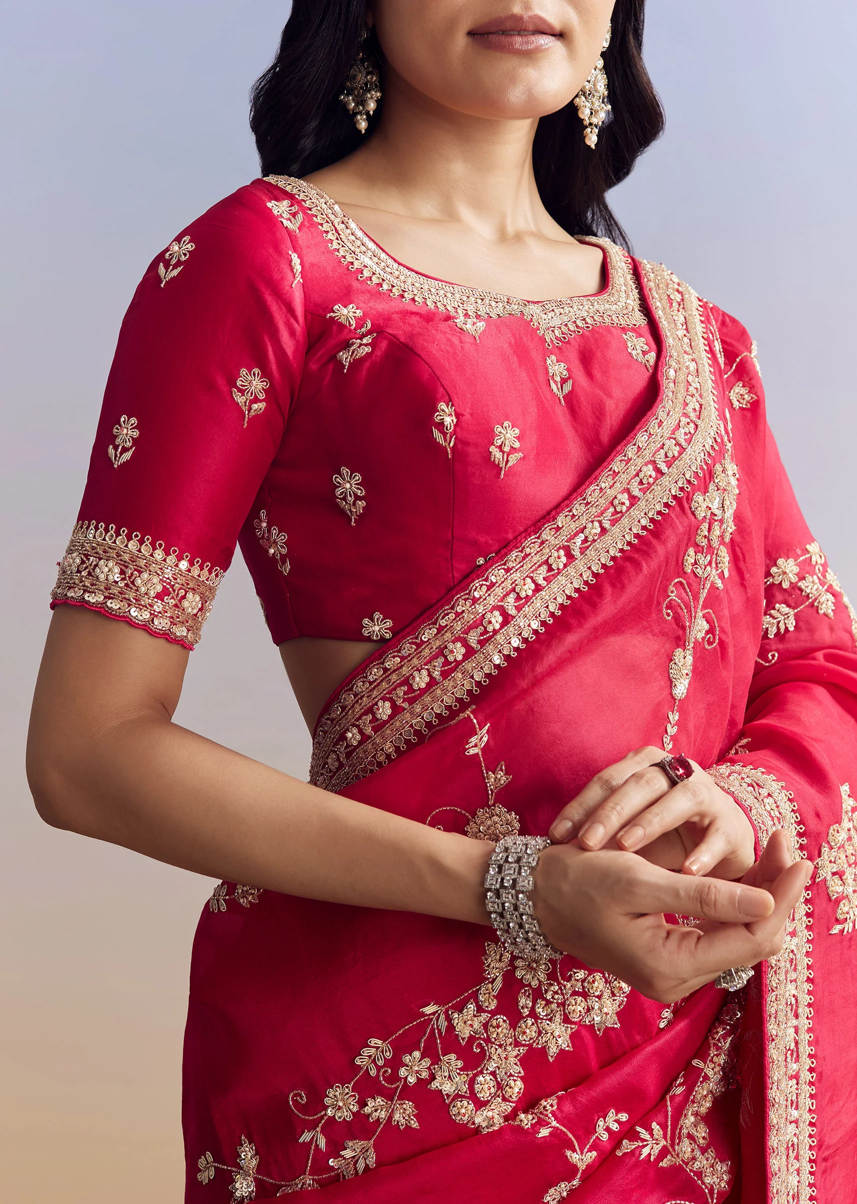 Red Satin Saree With Full Jaal Embroidery - Image 2