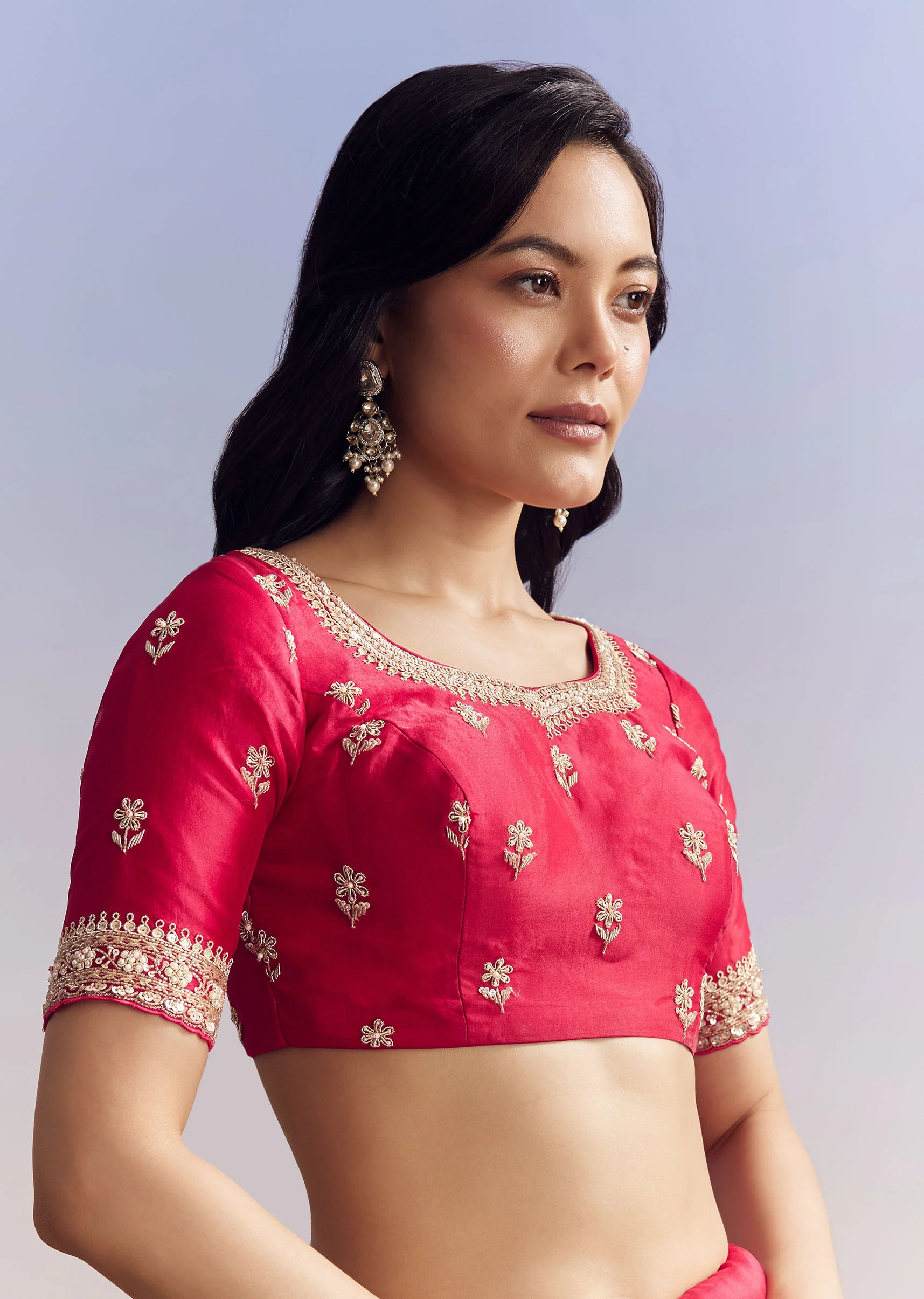 Red Satin Saree With Full Jaal Embroidery - Image 7