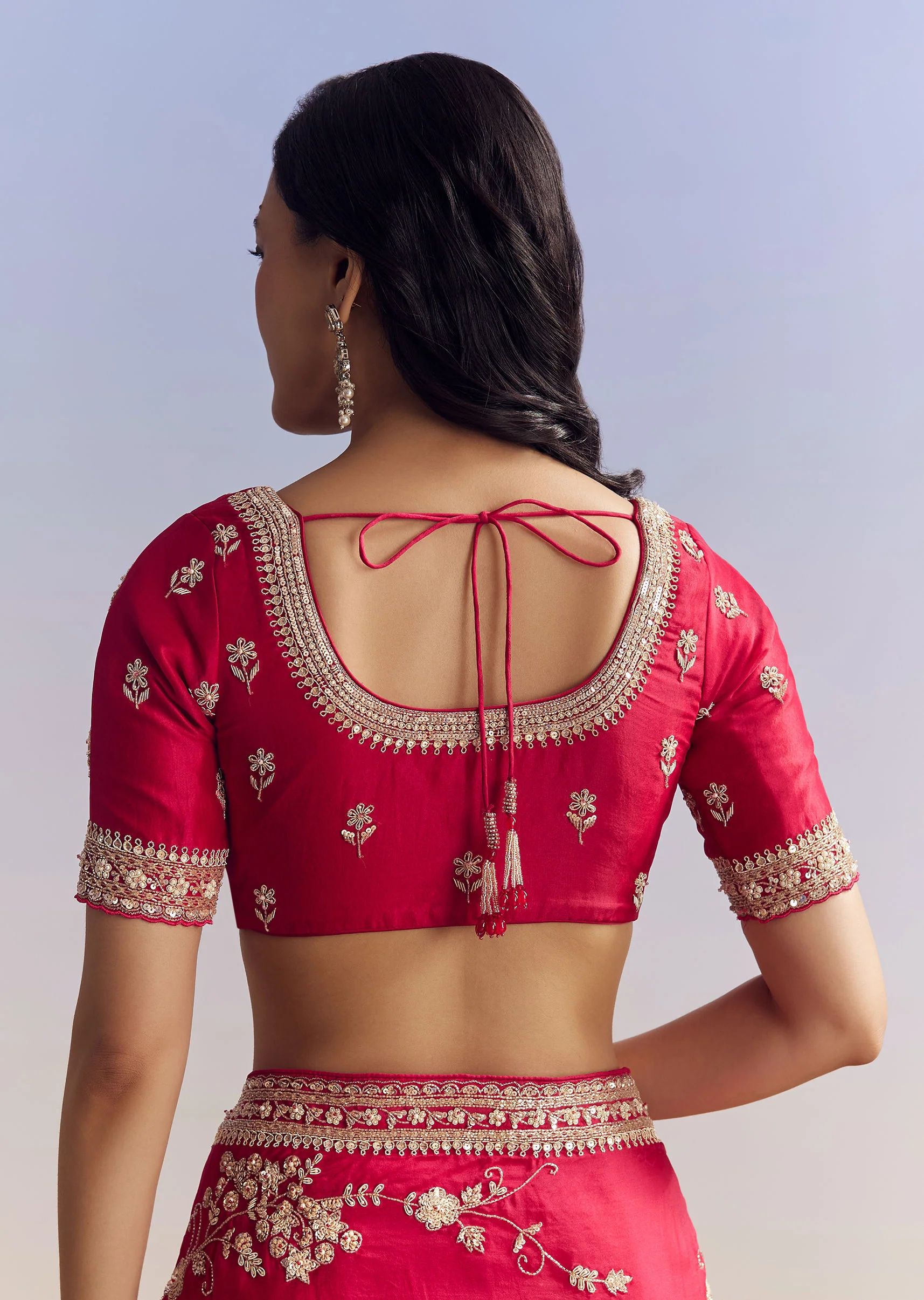 Red Satin Saree With Full Jaal Embroidery - Image 8