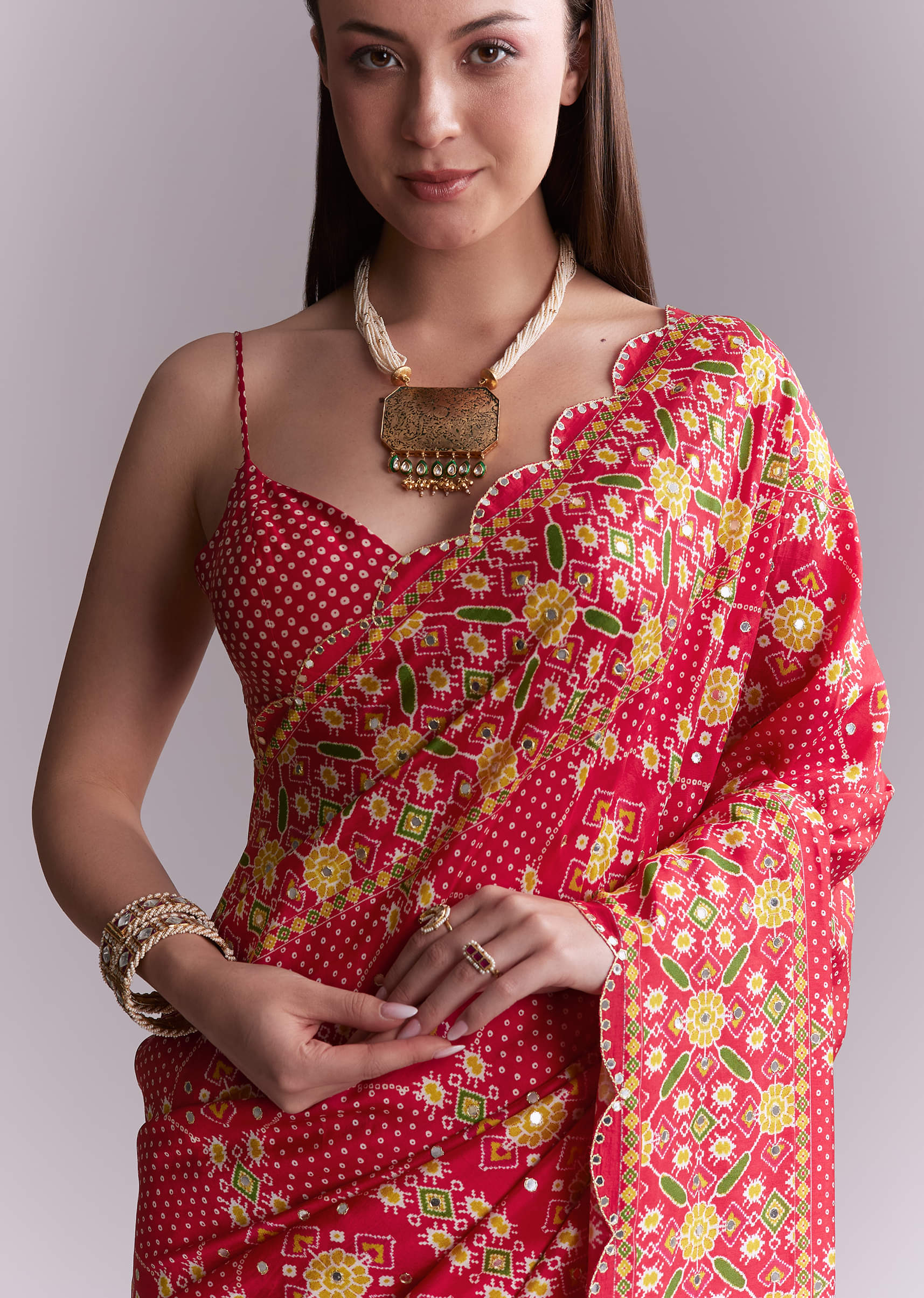 Red Satin Saree With Ikat Geometric Print And Mirror Work - Image 2