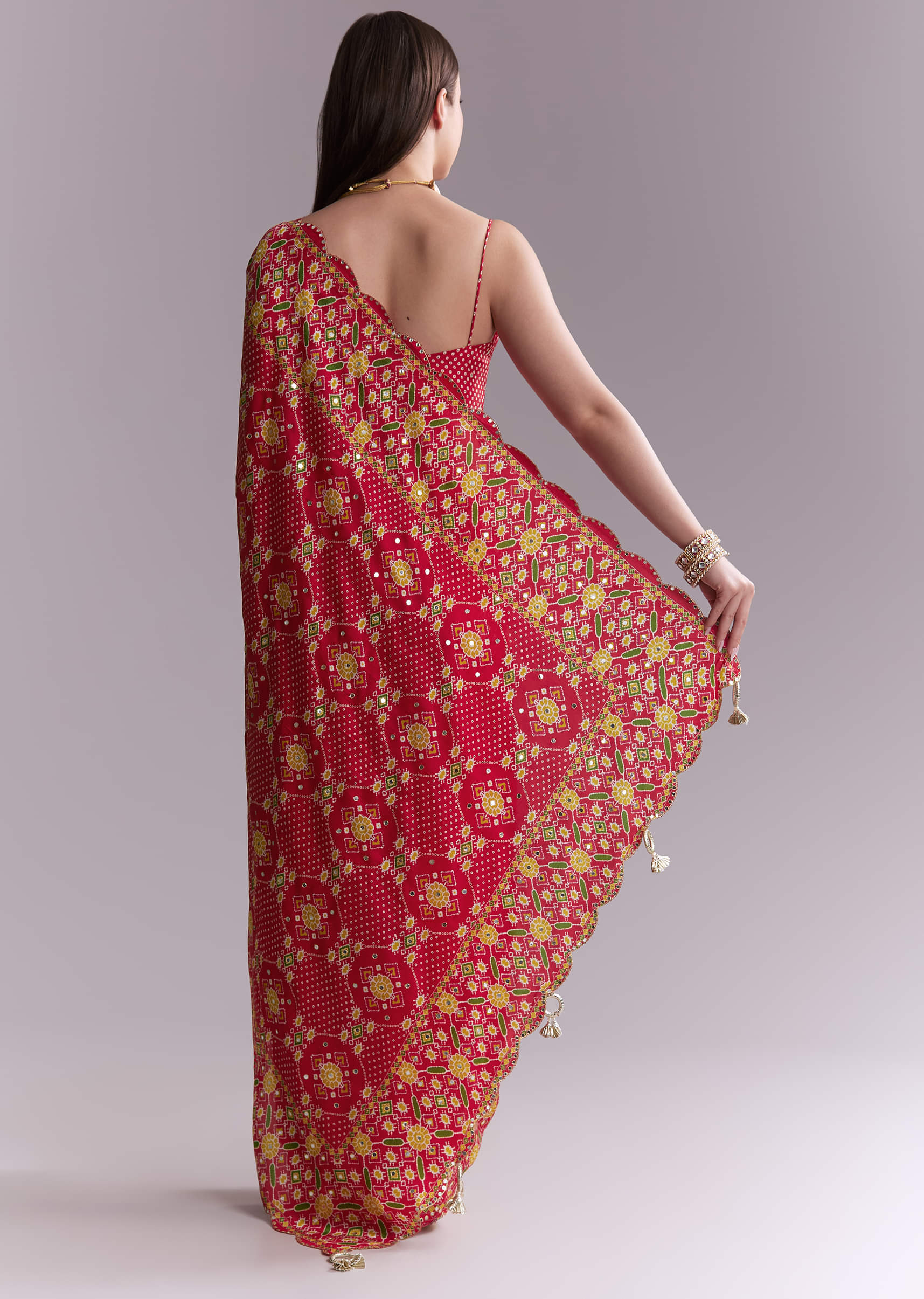 Red Satin Saree With Ikat Geometric Print And Mirror Work - Image 5