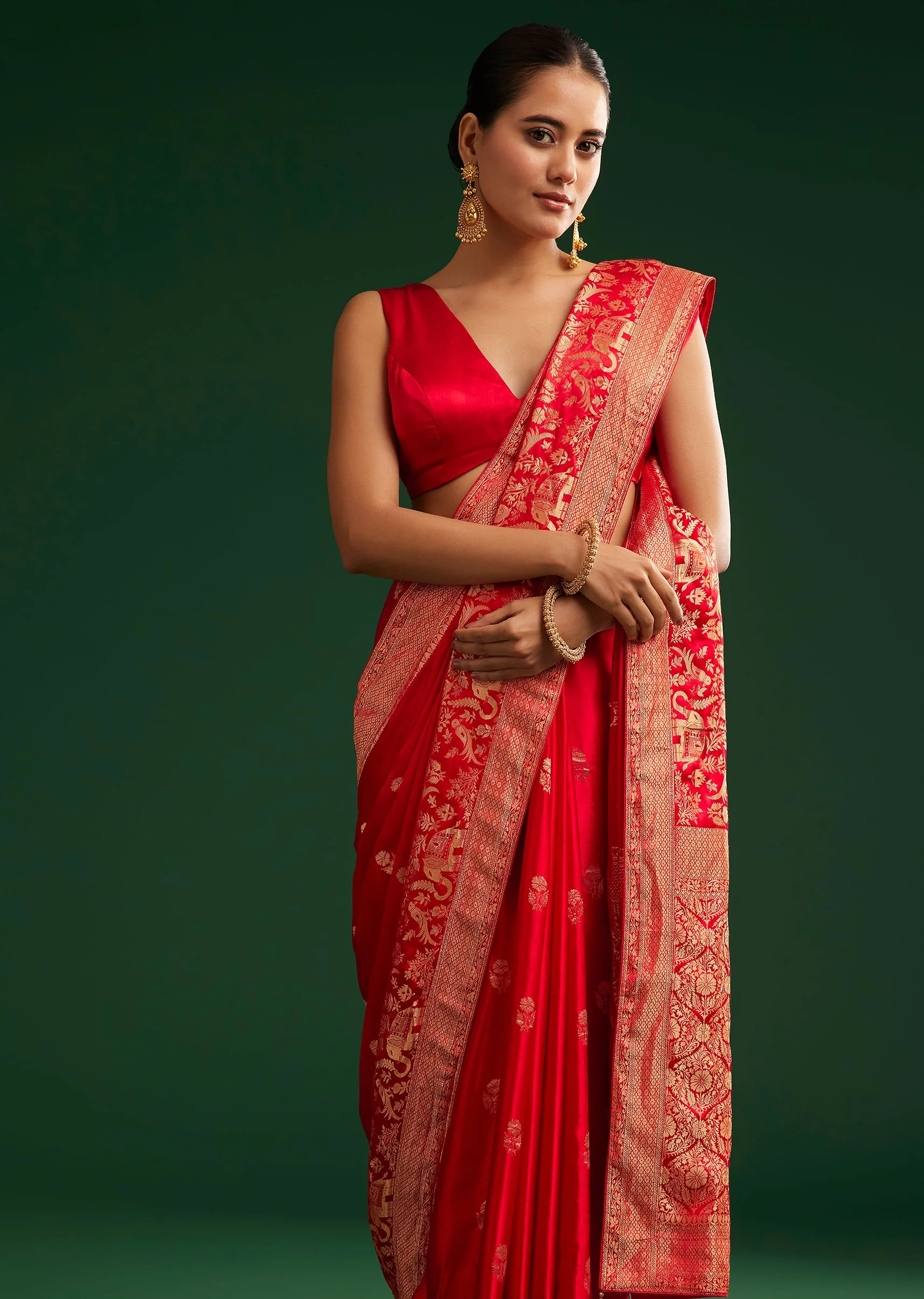 Red Satin Saree With Zari Weave - Image 5