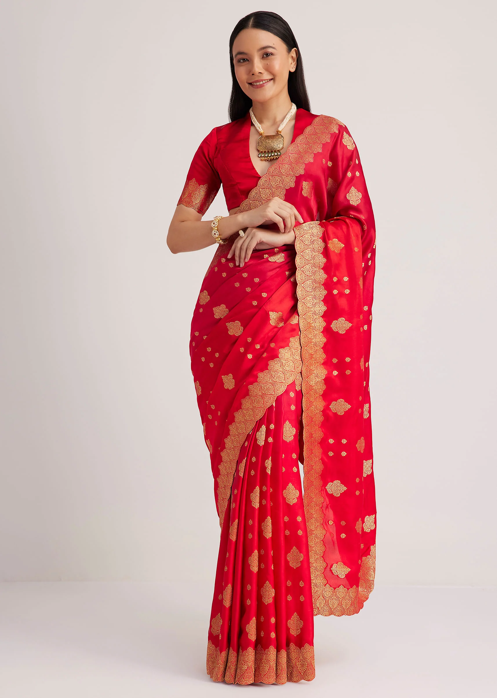 Red Satin Silk Butti Woven Saree With Scallop Brocade Border - Image 3