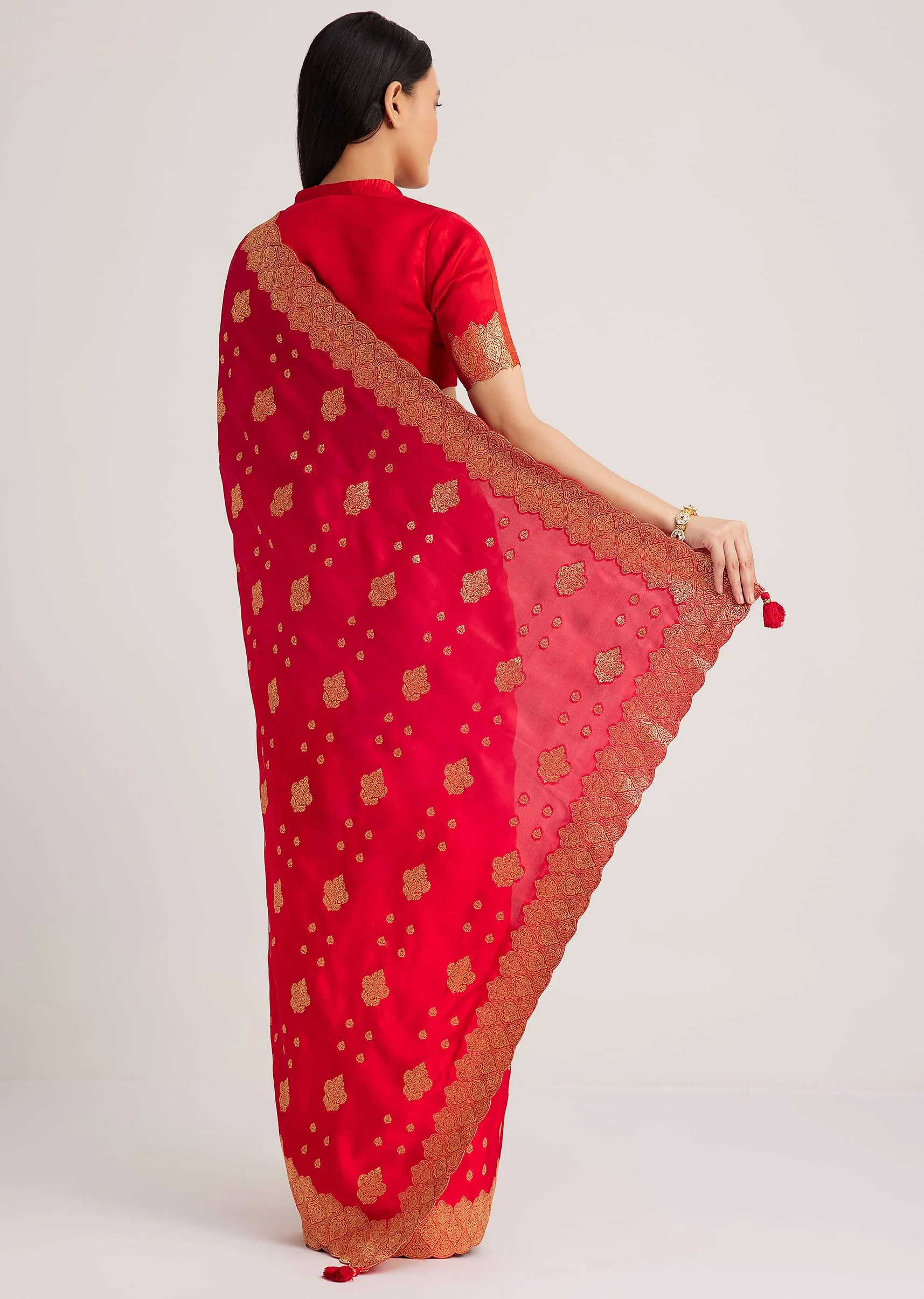 Red Satin Silk Butti Woven Saree With Scallop Brocade Border - Image 6